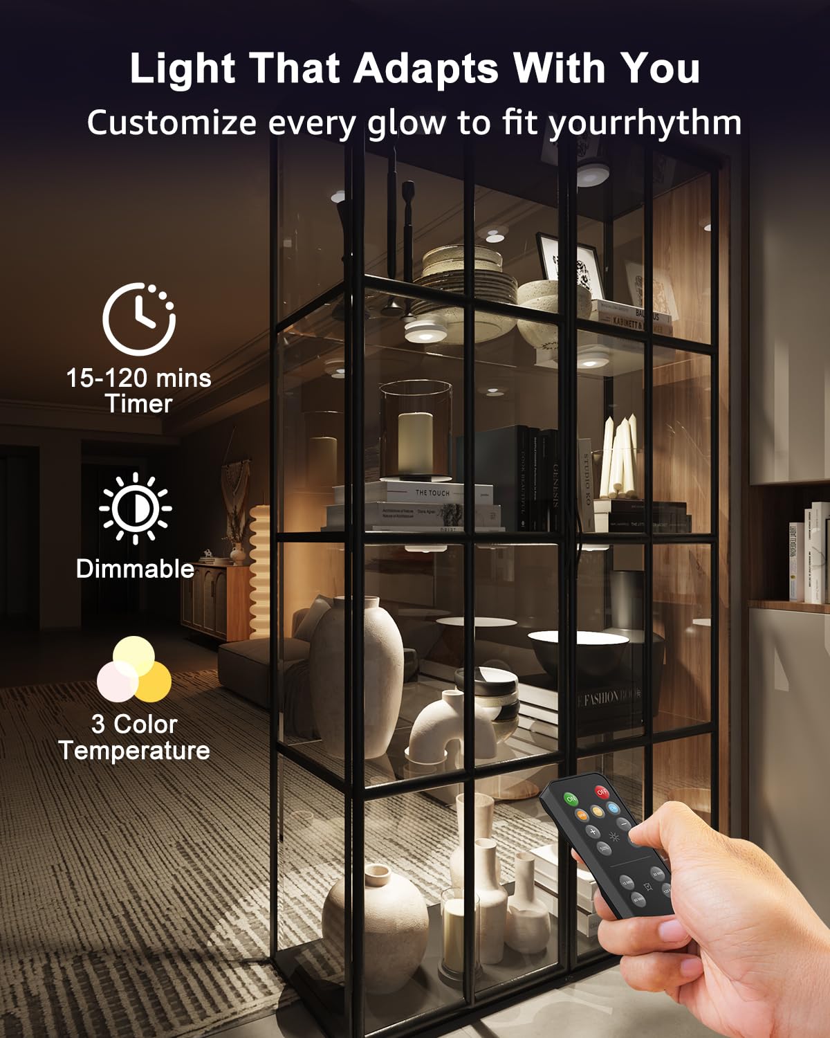 Tedmos Rechargeable Puck Lights with Remote, 6 Pack, 2400mAh Battery, Magnetic Touch, 3000k/4500k/6000k LED Under Cabinet Lighting