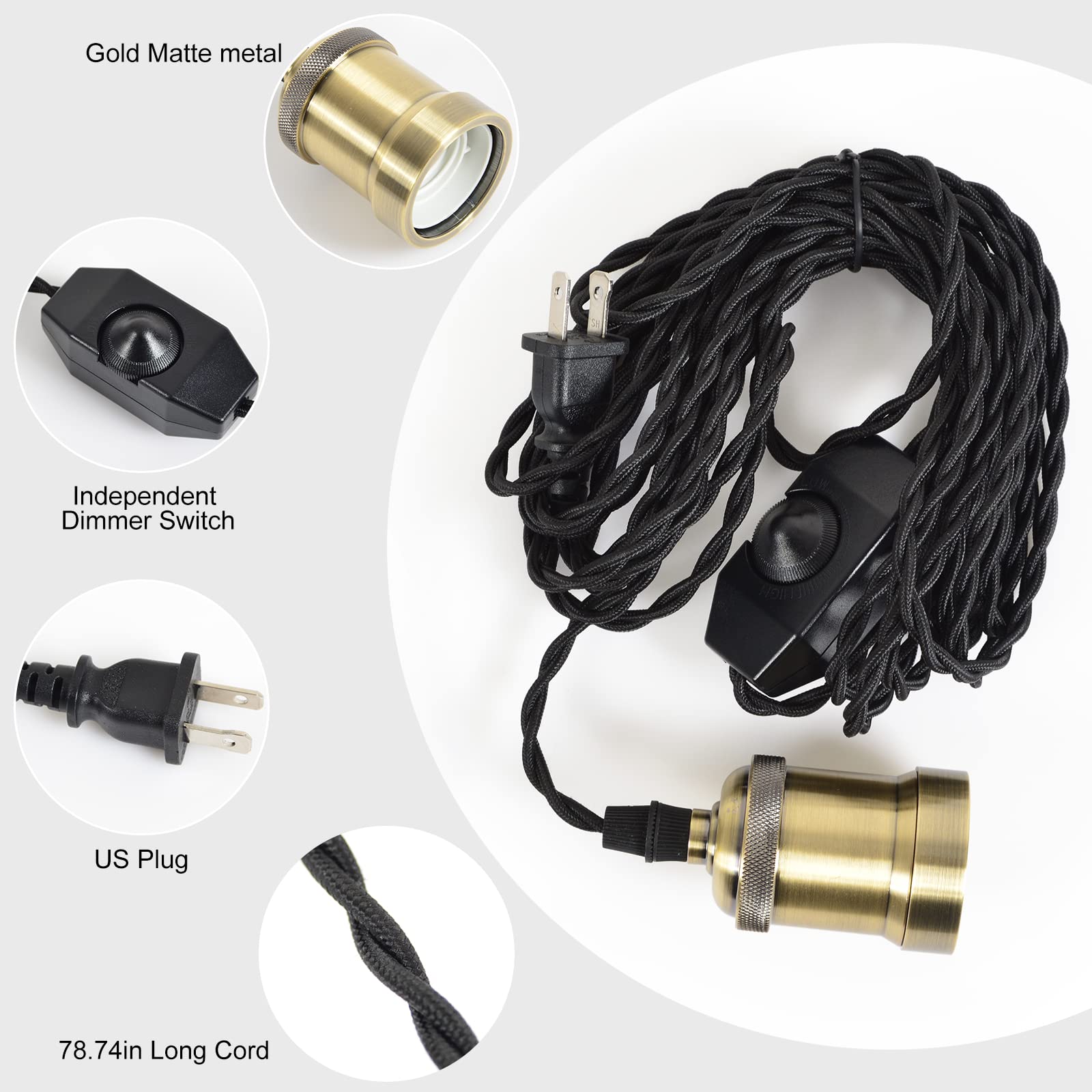 Plug In Pendant Light Cord Hanging Light Kit With Dimmer Switch,Farmhouse Hanging Lights19.69 Ft Power Cord Length,Hemp Rope Plu