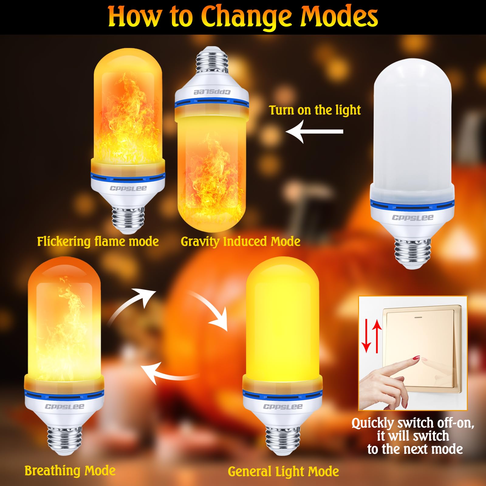 CPPSLEE LED Flame Light Bulbs, 4 Modes, E26 Base, 6 Pack, Yellow, Halloween Decorations, Indoor/Outdoor Use