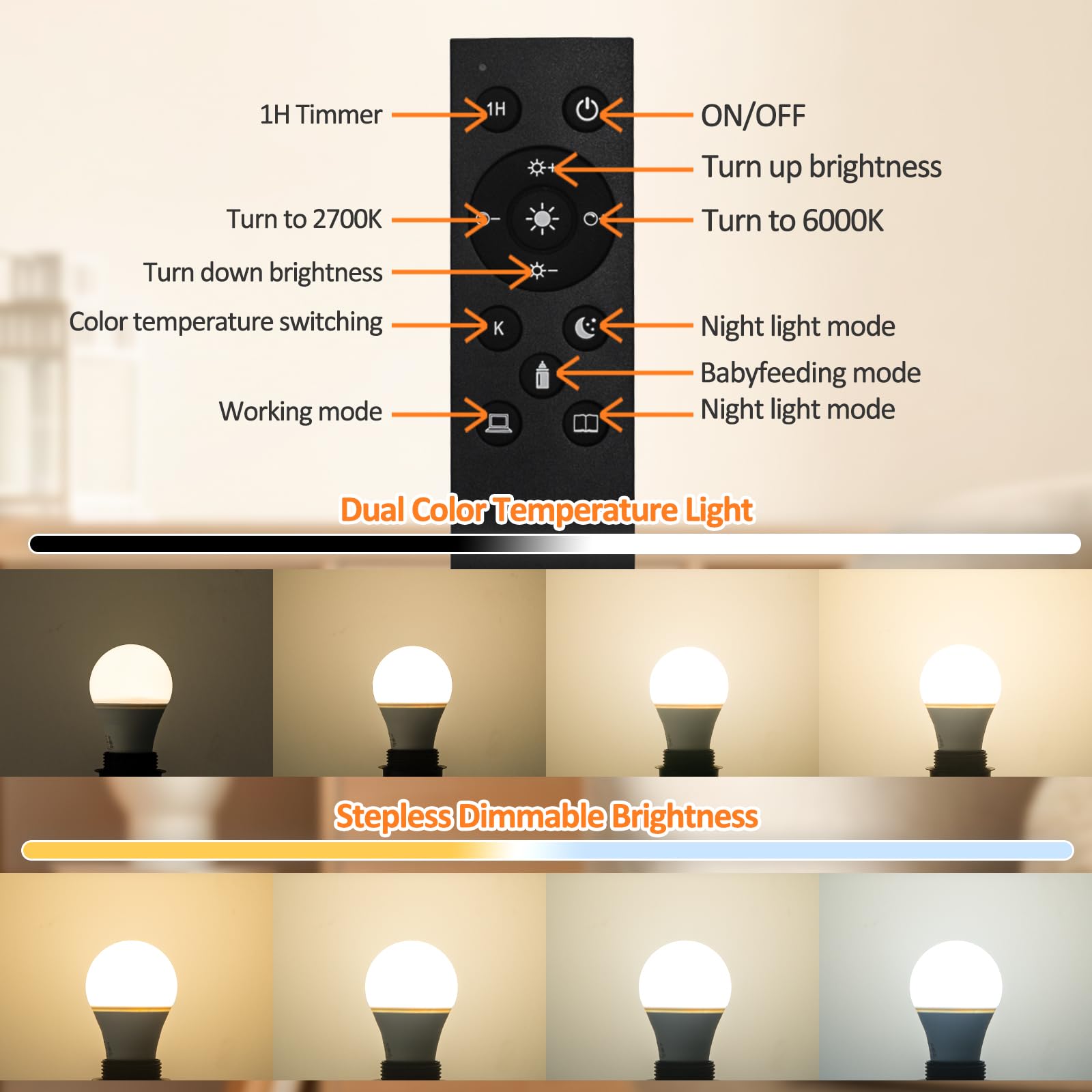 Brilvibera A19 LED Light Bulbs, Dimmable E26 with Remote Control, Warm White 2700K-6000K, 1 Pack, ABS Material