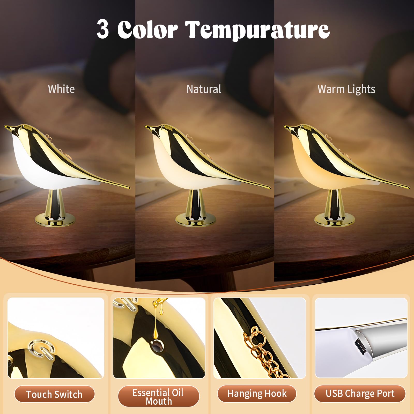 Yotozu Small Bird Touch Lamp, Dimmable And Cordless Bird Night Light, Usb Rechargeable Touch Sensor Control Table And Desk Lamp With Aroma Diffuser Function For Bedroom (Gold)