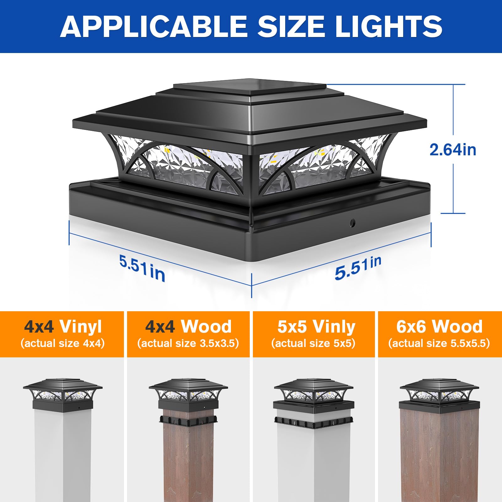 APONUO Solar Post Cap Lights, 2-Mode Waterproof Outdoor Lights, Black, 6 Pack, for 4x4, 5x5, 6x6 Posts, Easy Install