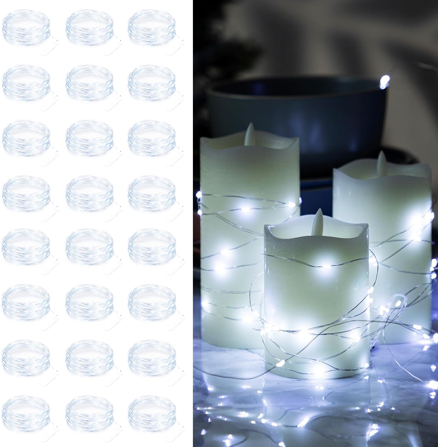 24 Pack Fairy Lights Battery Operated String Lights 7 Feet 20 Led Waterproof Christmas Lights Silver Wire Firefly Starry Moon Lights for Bedroom DIY Party Wedding Patio White