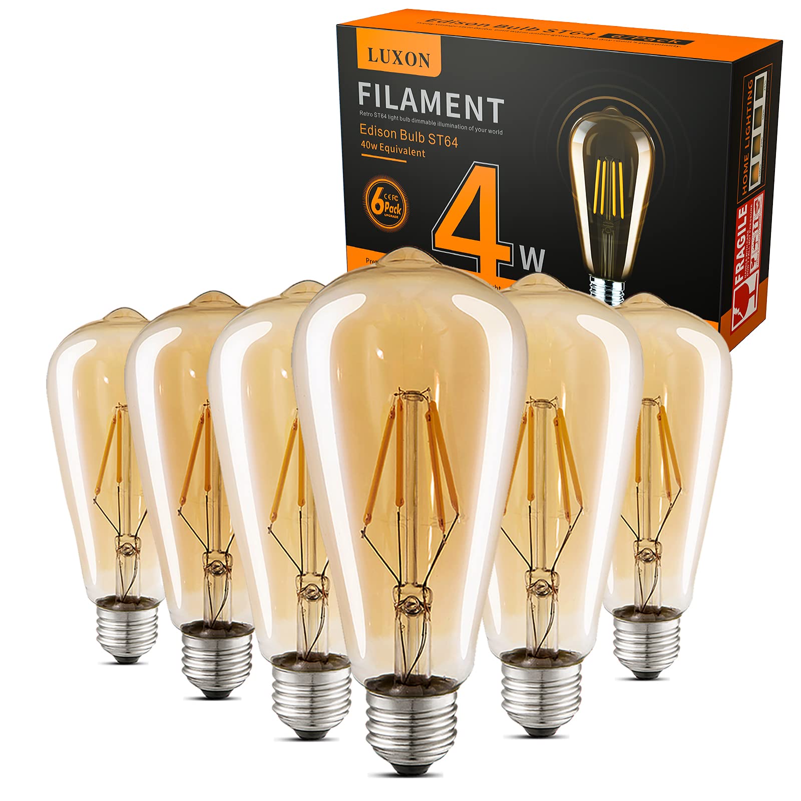 LUXON LED Edison Bulbs Dimmable 2700K Warm White Glass 40W Equivalent 6-Pack