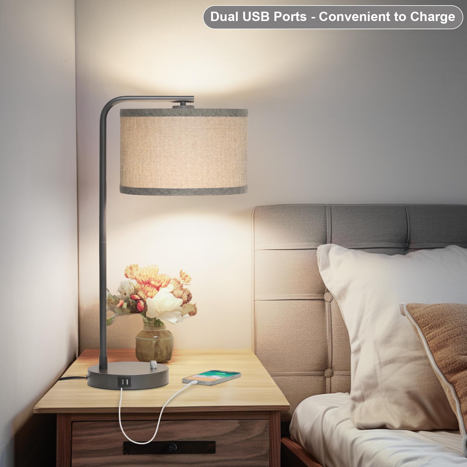 Gray Bedside Lamp With Dual Usb Charging Ports, Fully Dimmable Modern Nightstand Lamp With Grey Fabric Shade, Tall Reading Lamp