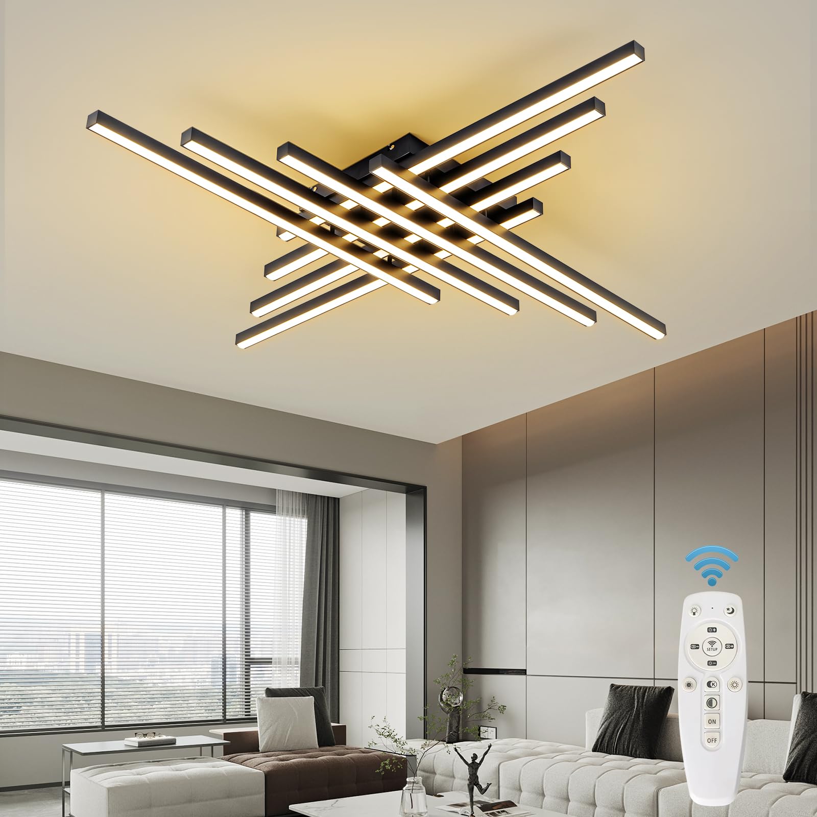 Jaymp Modern Ceiling Light With Remote, 45.7'' Black Sputnik Ceiling Lamp, 128W Dimmable Led Lighting Fixture For Dining Room, L