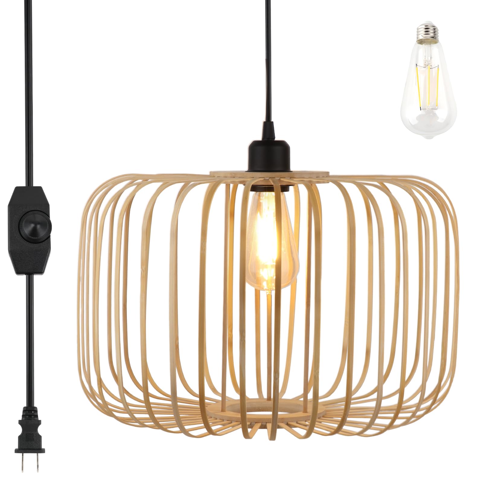 Plug in Pendant Light Woven Bamboo Hanging Lights with Plug in Hanging Lamp Dimmable, Handmade Woven Boho Wicker Basket Lamp Sha