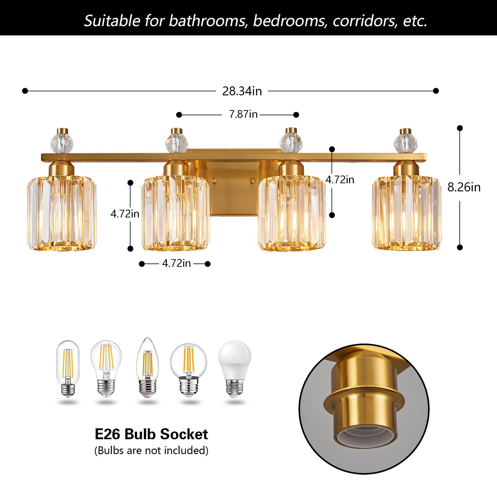 FDPBY 4-Light Bathroom Vanity Lights Modern Crystal Fixtures Gold Round Metal Model 291