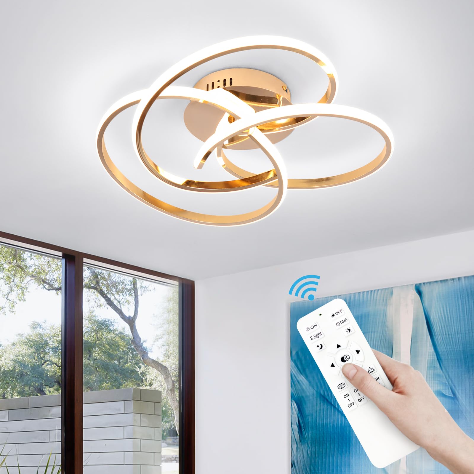 CANEOE Modern LED Ceiling Light Fixture, 42W, Dimmable, Remote Control, Curve Design, Rose Gold, Model CL-3BHFGJ-D