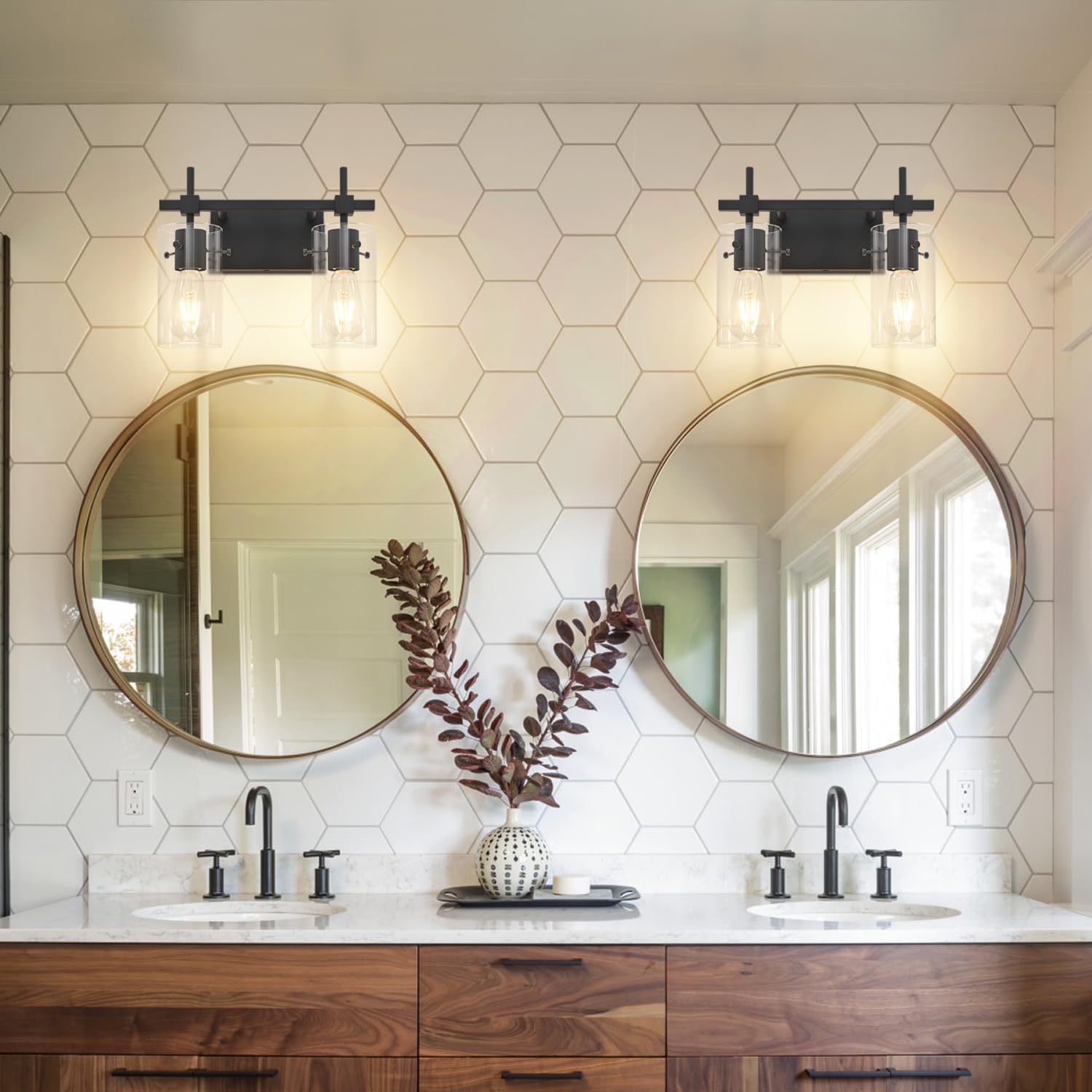 SOLFART Vintage 2-Light Bathroom Sconces, Matt Black, Glass & Metal, Model 7200-2T-BK