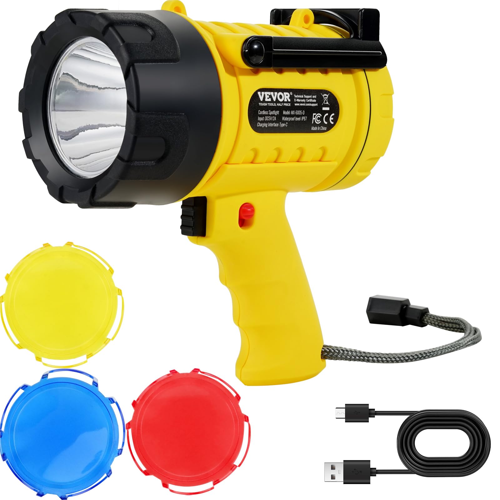 VEVOR Rechargeable Spotlight Flashlight, 100000 Lumens, IP67 Waterproof, 4 Modes, Model MX-6005-D, Yellow+Black