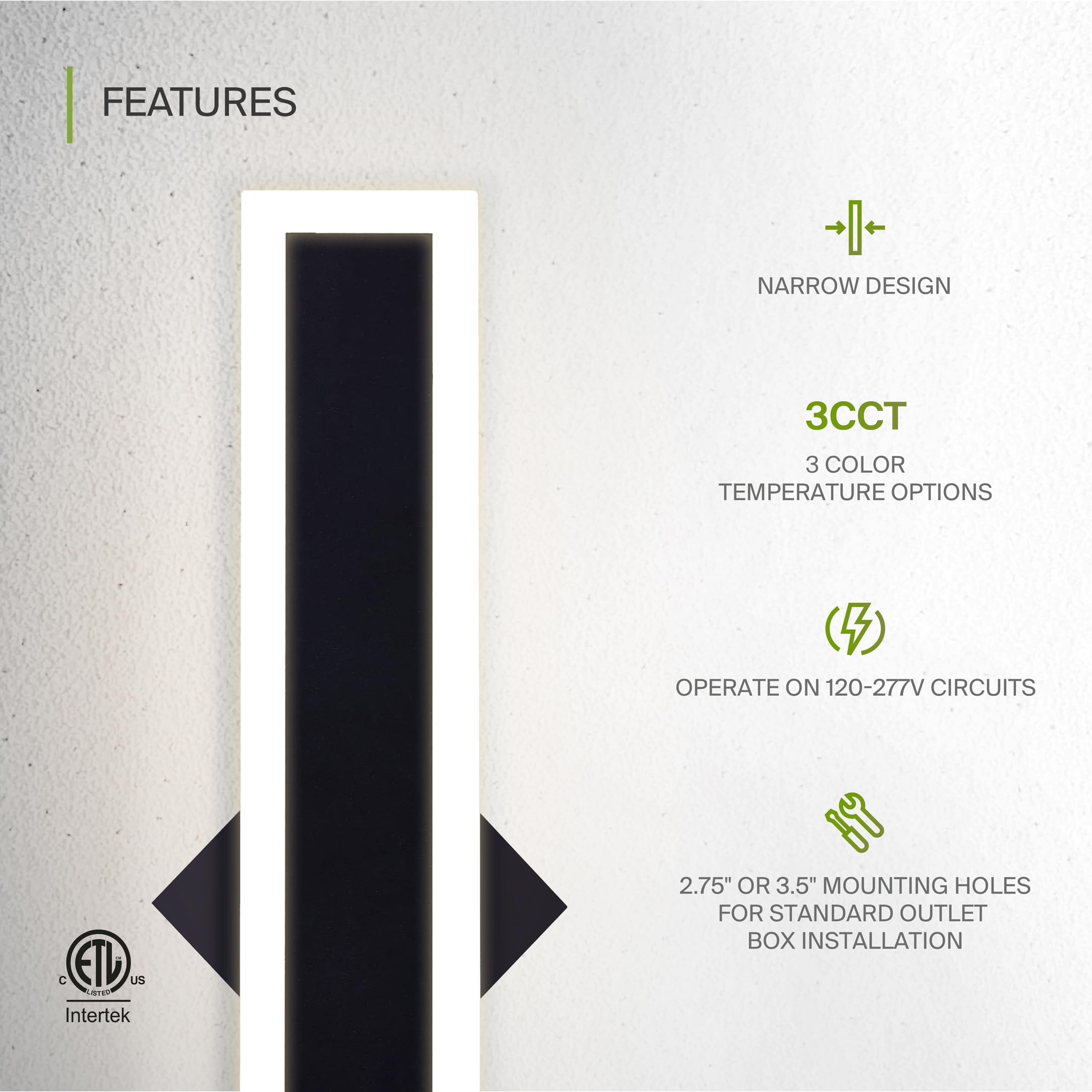 ASD LED Wall Mount Light Fixture, 24W 2000LM, Dimmable, 3CCT, Waterproof, 24 Inch, Black, Model A-LWS27N-24