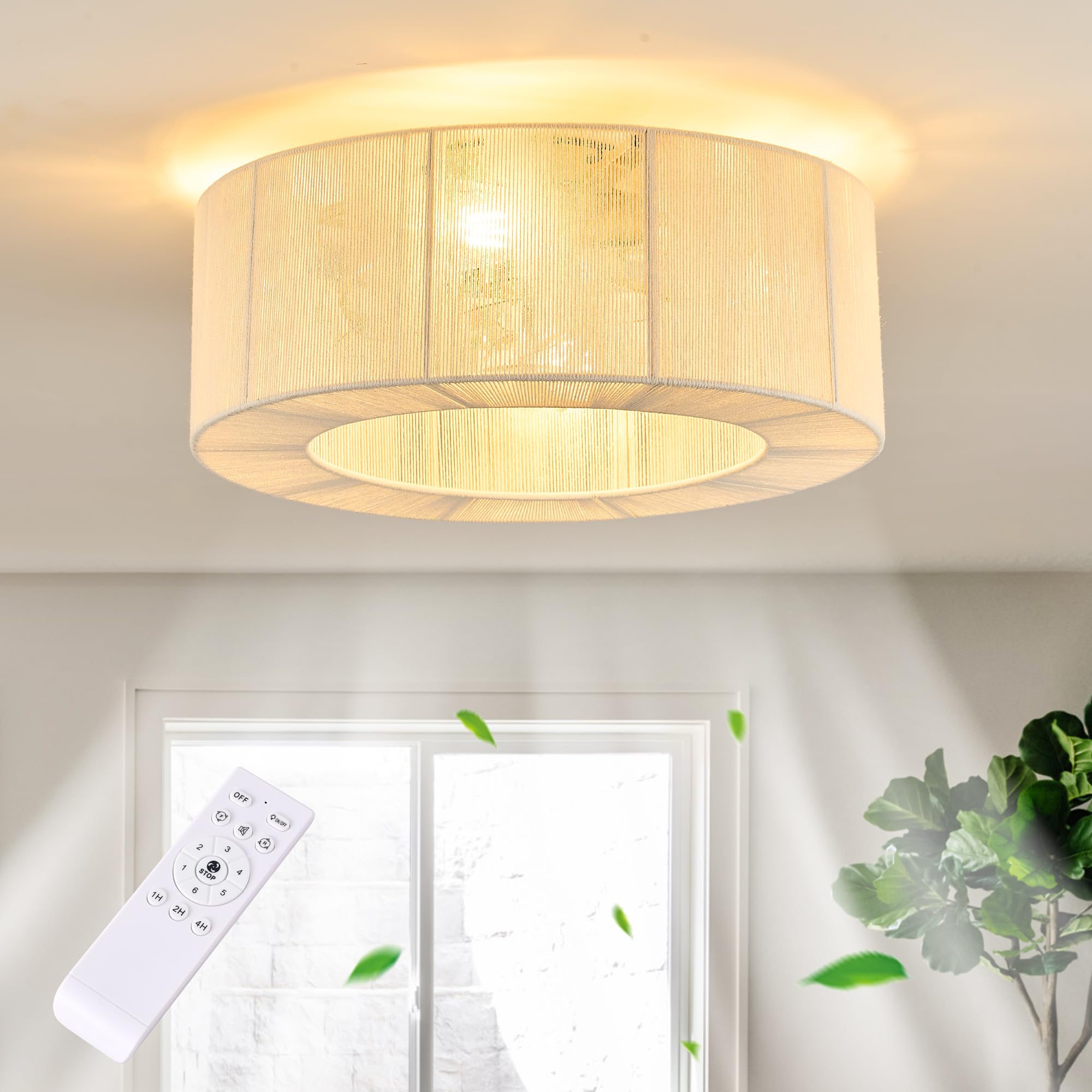 OPKMB Rattan Ceiling Fans with Light and Remote, Boho Fandelier Ceiling Fan with Light Flush Mount Woven Farmhouse Caged Ceiling