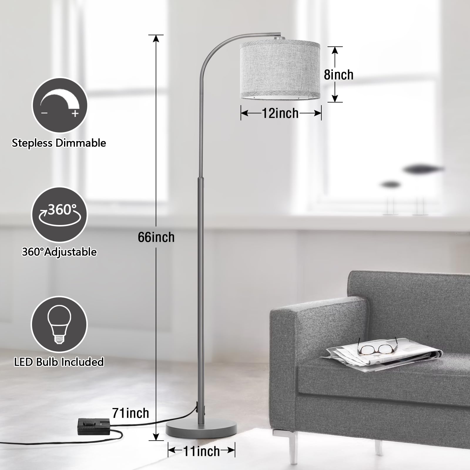 Boncoo Dimmable Floor Lamp, Arc Floor Lamps For Living Room, Stepless Dimmable Standing Lamp With Adjustable Drum Shade, Modern
