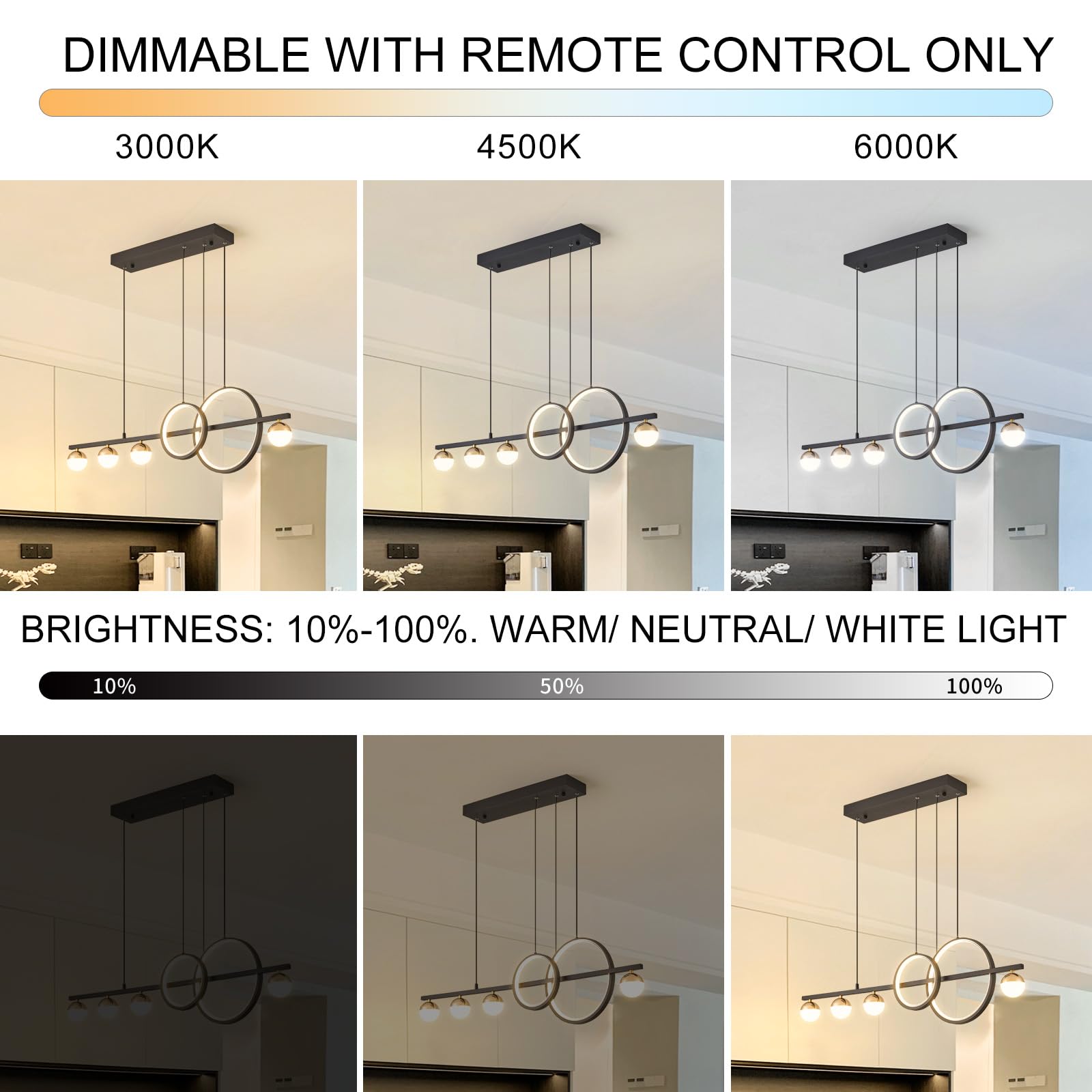 Oranoor Modern Black Gold Chandeliers For Dining Room, Dimmable Led Chandelier Linear Pendant Light For Kitchen Island, 39In Globe Haning Pendant Chandelier Lighitng With Remote (2 Rings, 3000Lm)