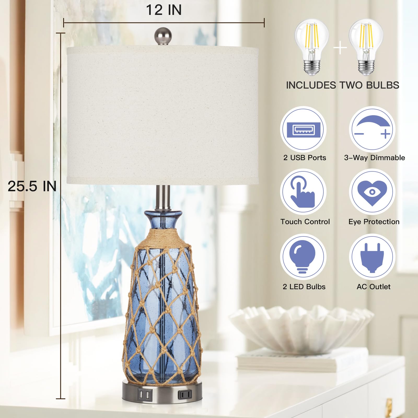 Ruzectt 25.5'' Coastal Glass Table Lamps Set Of 2, 3-Way Dimmable Touch Control Bedside Lamps With 2 Usb Ports And Ac Outlet, Bl