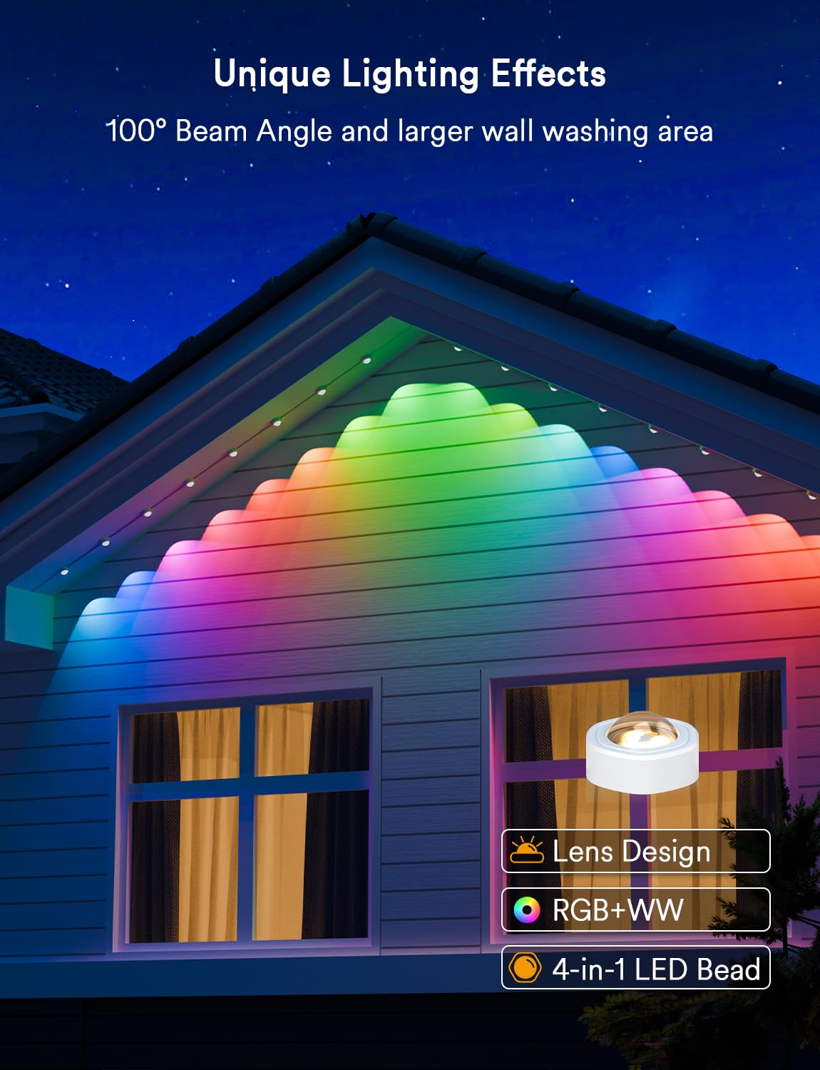 Angelhalo 100Ft Smart Outdoor Lights, 72 Led, Ip65 Waterproof, Compatible With Alexa & Google