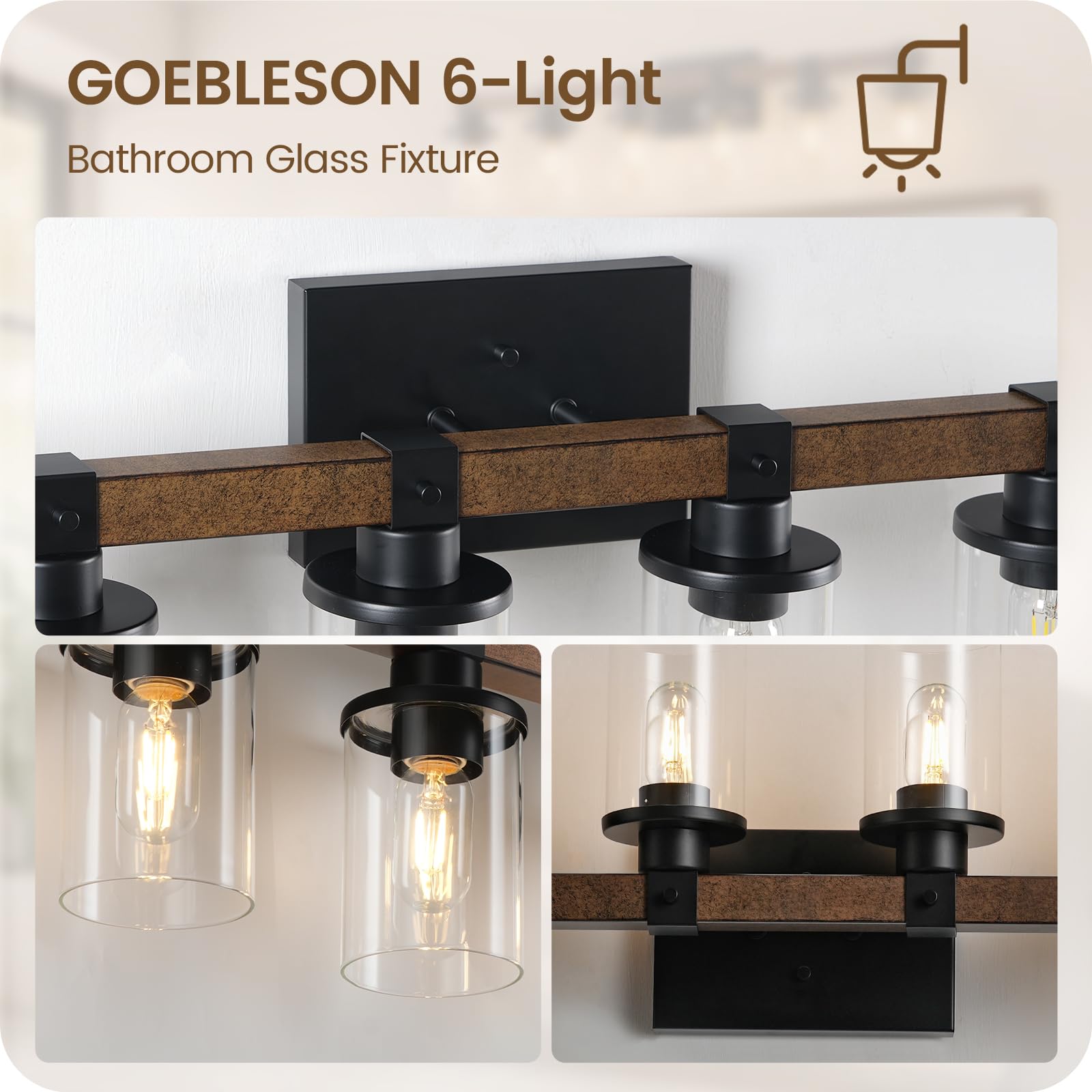GOEBLESON 6-Light Bathroom Light Fixture, Rustic Bronze Vanity Lights, Metal Glass Shade, Model F12BD05
