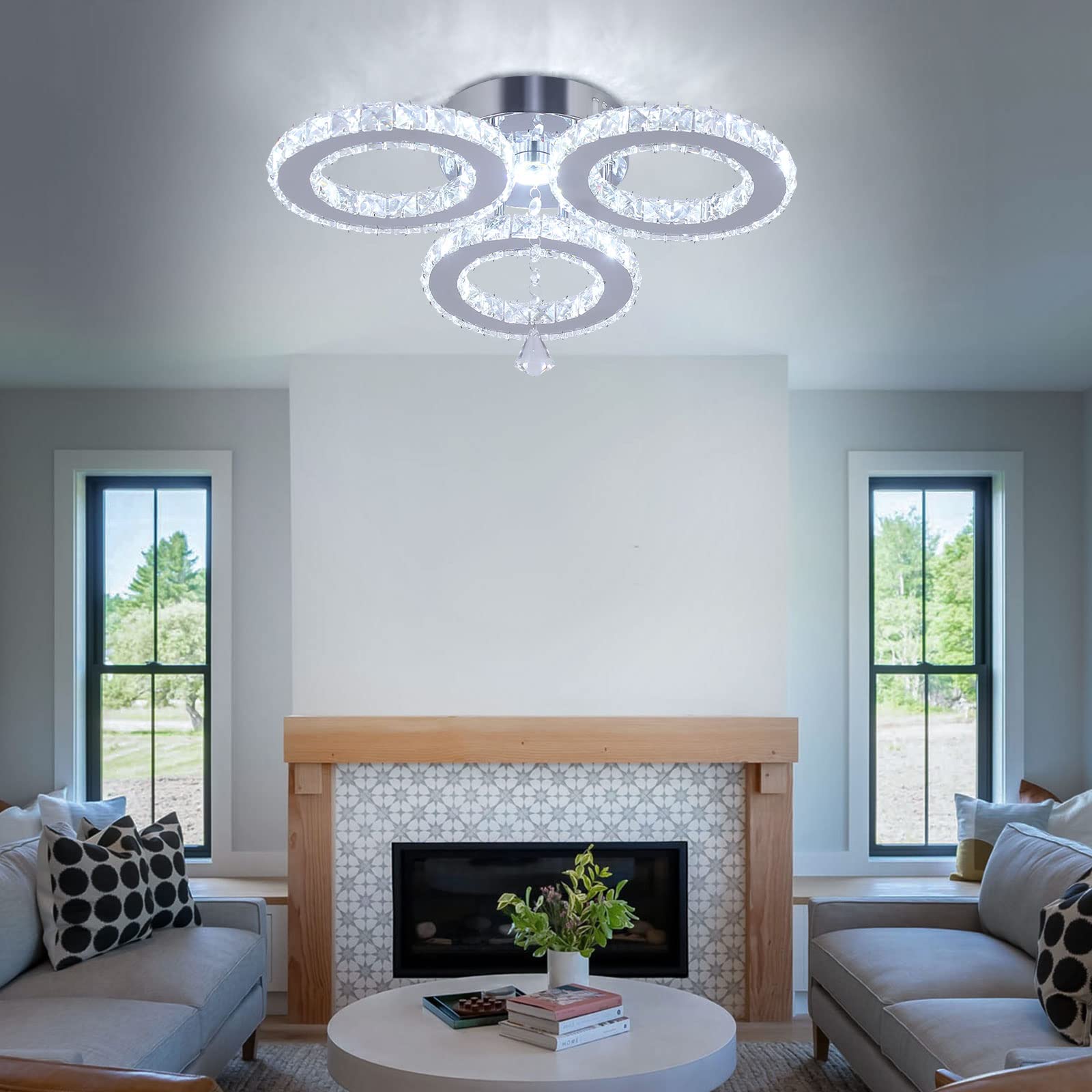 diisunbihuo LED Crystal Ceiling Light Chandelier, 13x3.5", Cool White, Flush Mount for Bedroom & Living Room, Model B084H92X1Q