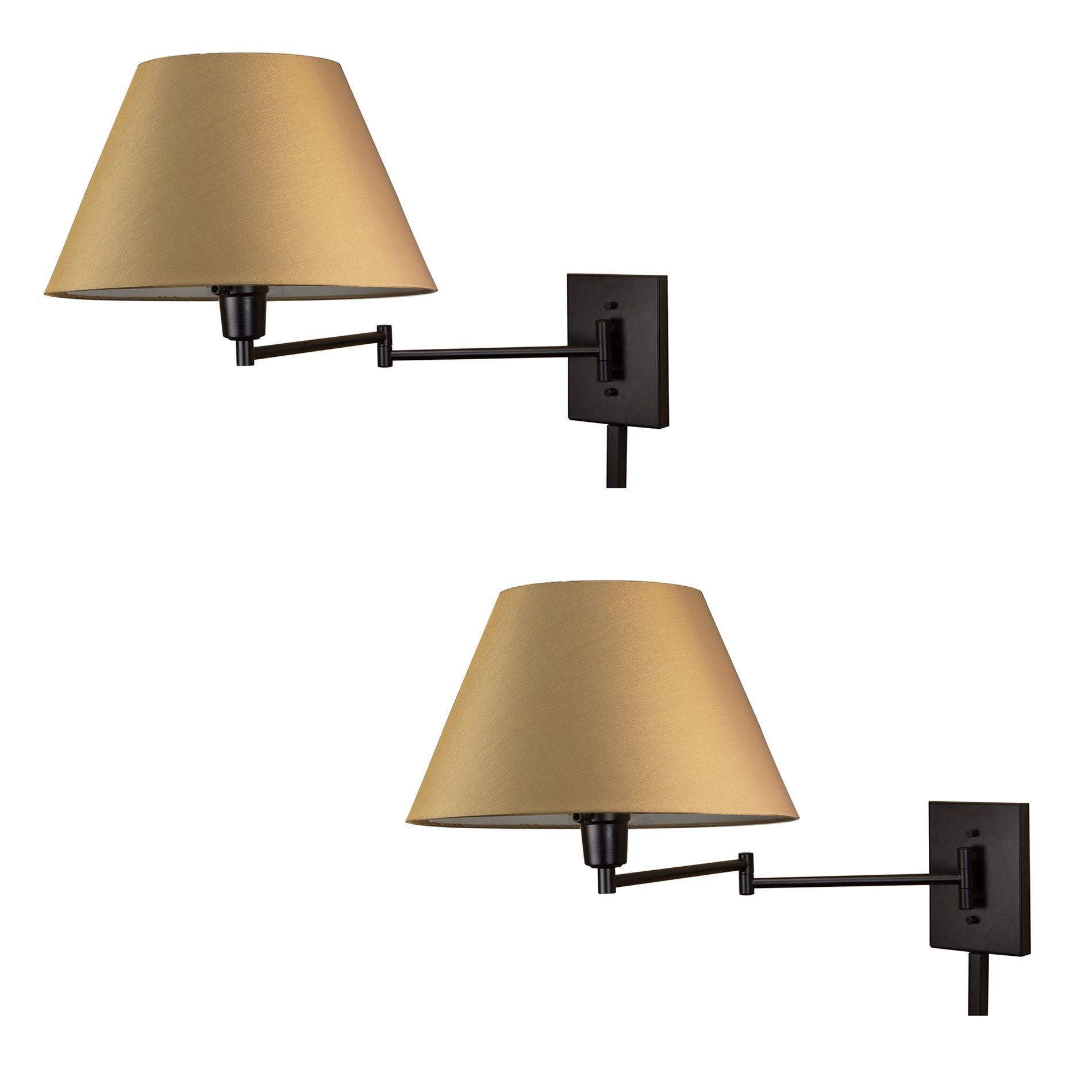 Kira Home Cambridge 15" Swing Arm Wall Lamp, Black Finish, Metal, 2-Pack, 150W 3-Way, Golden Bronze Fabric Shade
