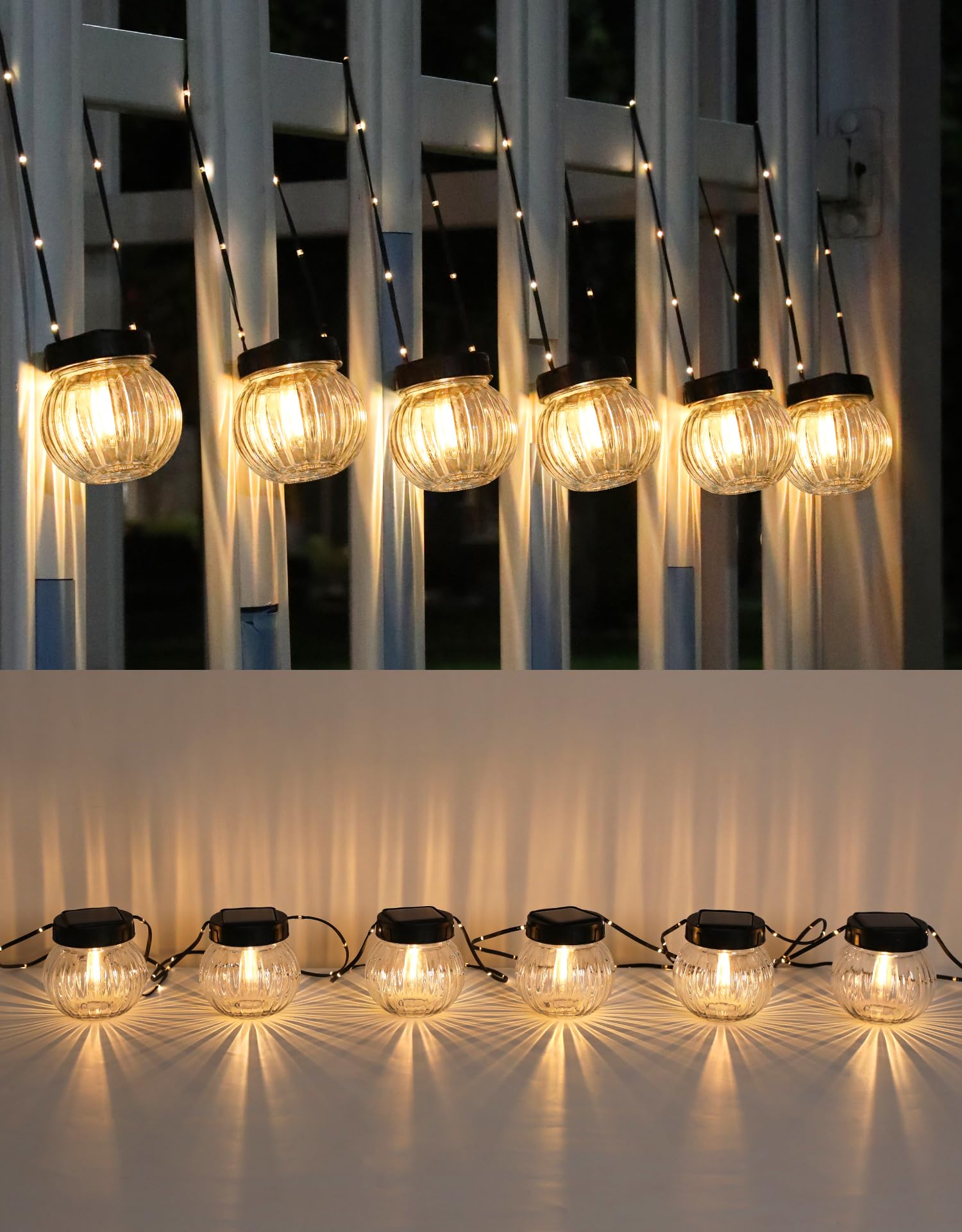 PARTPHONER Solar Lights Outdoor Waterproof 12-Pack  Solar Powered Hanging Lantern Ribbed Glass Hanging Globes for Yard Decor Christmas Decoration  Shepherd Hook  Garden Tree Ornaments  Clear