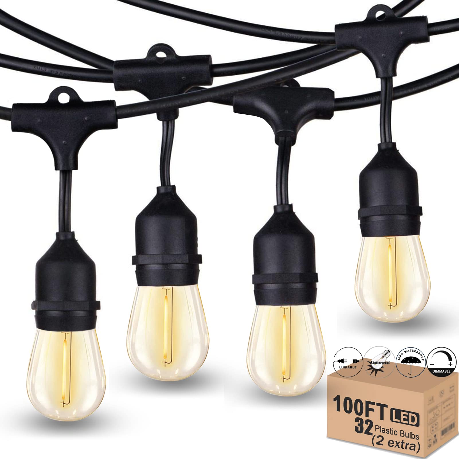 Meidaoduo Outdoor String Lights LED 100FT Heavy-Duty Patio Lights String with 32 Dimmable Shatterproof Plastic Bulbs for Gazebo 