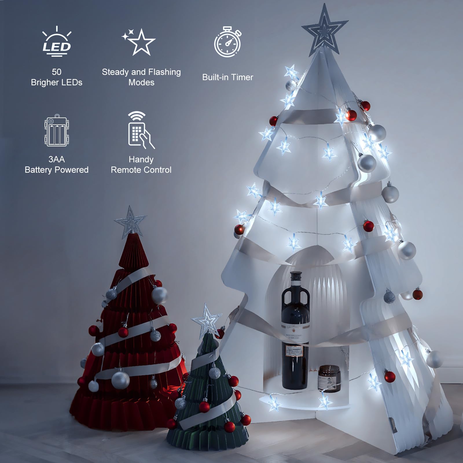 Brightown Star String Lights - 50 LED, 17 ft, Battery Operated, Waterproof, 8 Modes, White, Copper, 1 Pack