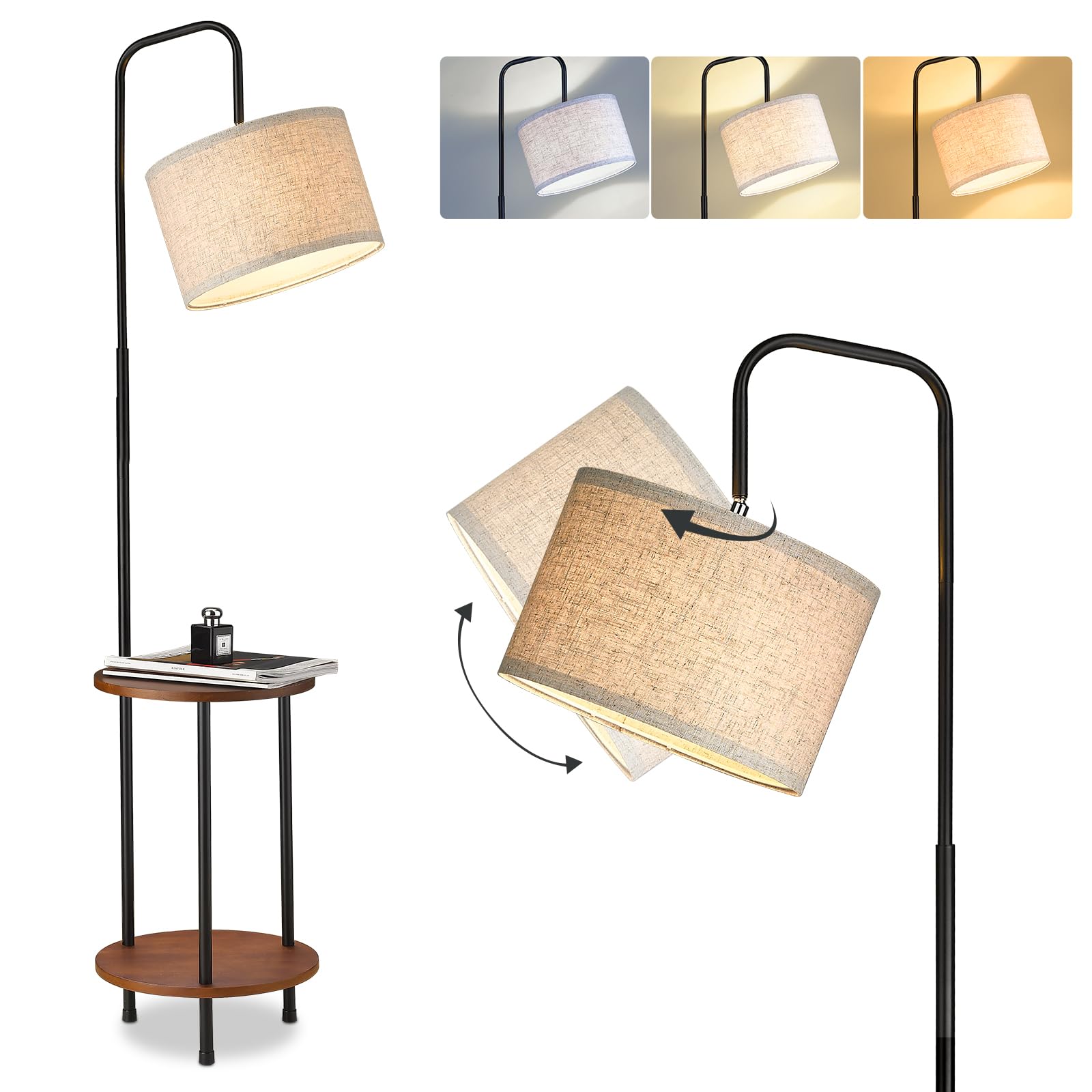 ELYONA Modern Floor Lamp with End Table, 3-Color Temperatures Solid Wood Side Table Lamp with Adjustable Drum Shade, Rustic Read