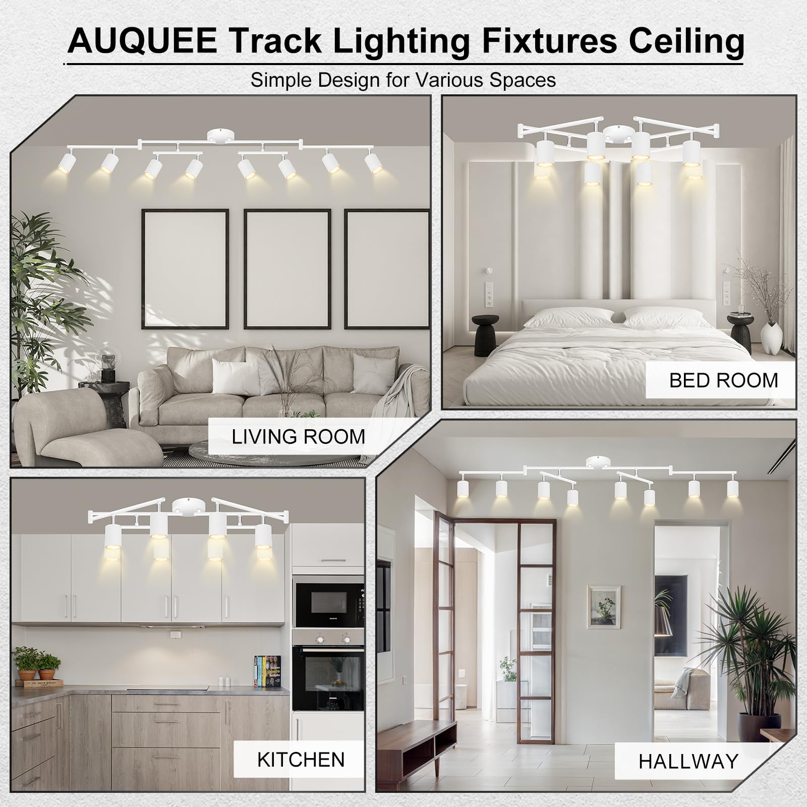 AUQUEE 8 Light Track Lighting Fixtures, Matte White, Rotatable LED Heads, Model AQC0682US, Adjustable for Kitchen/Hallway