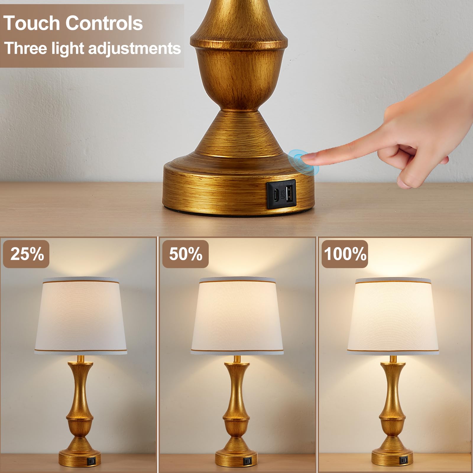 Luvkczc Gold Touch Table Lamps Set of 2, 22" Dimmable Nightstand Lamps with USB Ports, White Lampshade, Model L-73008H