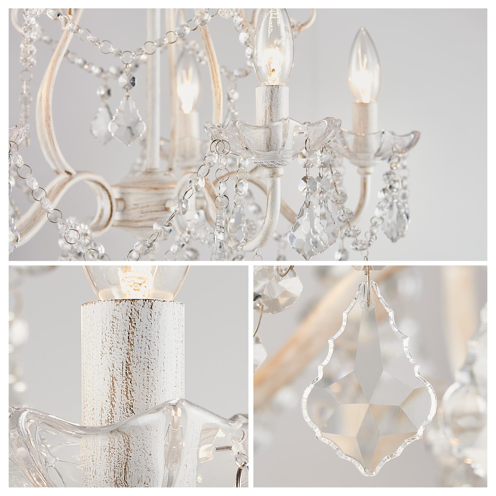 Wuzups 5-Light Crystal Candle Chandelier Pendant Ceiling Light Modern Lighting Fixture For Bedroom Hallway Bar Kitchen Bathroom  H 23.2 W 20.7  E12 Base  Rustic White