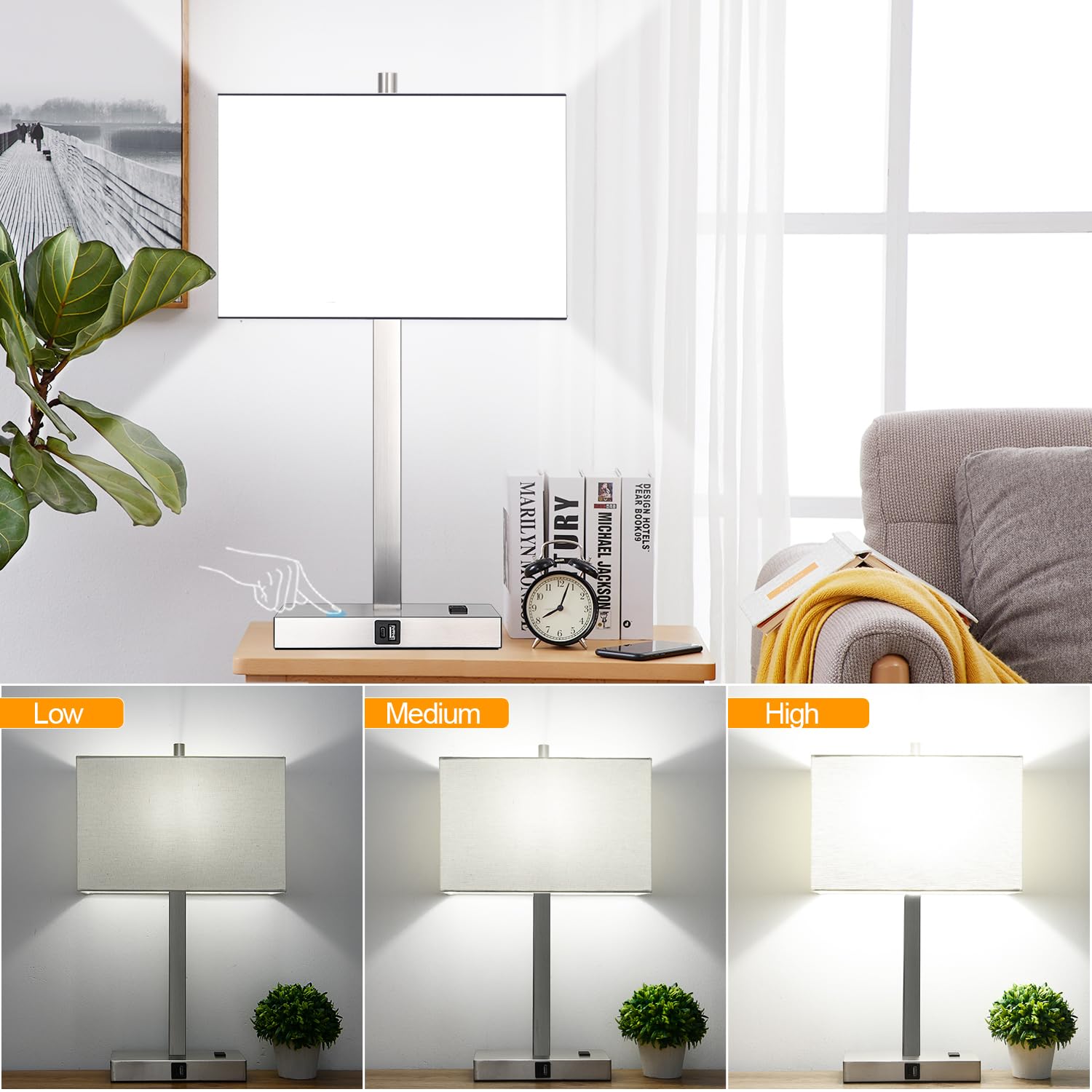 Lynnoland 21" Touch Control Table Lamps - 3-Way Dimmable, USB & AC Outlets, White Shade, Metal, Model T3801