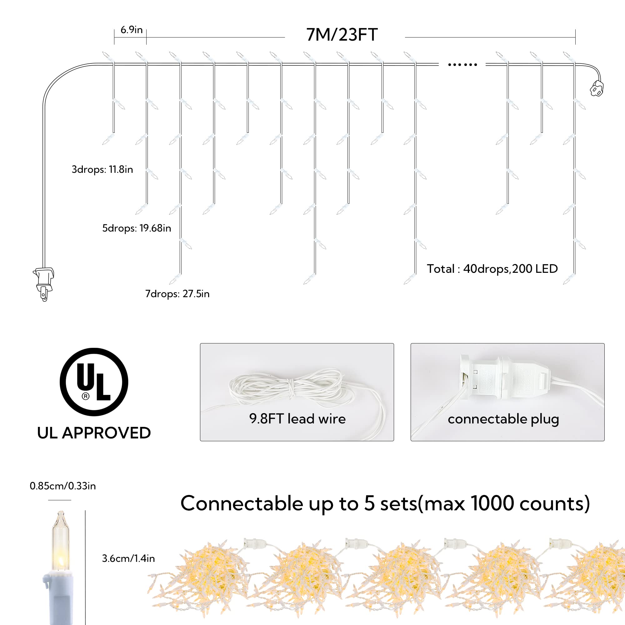 BEEWIN 200 Christmas Icicle Lights, Warm White, 23FT White Wire, Model QX-50-4-C, Indoor/Outdoor Decor