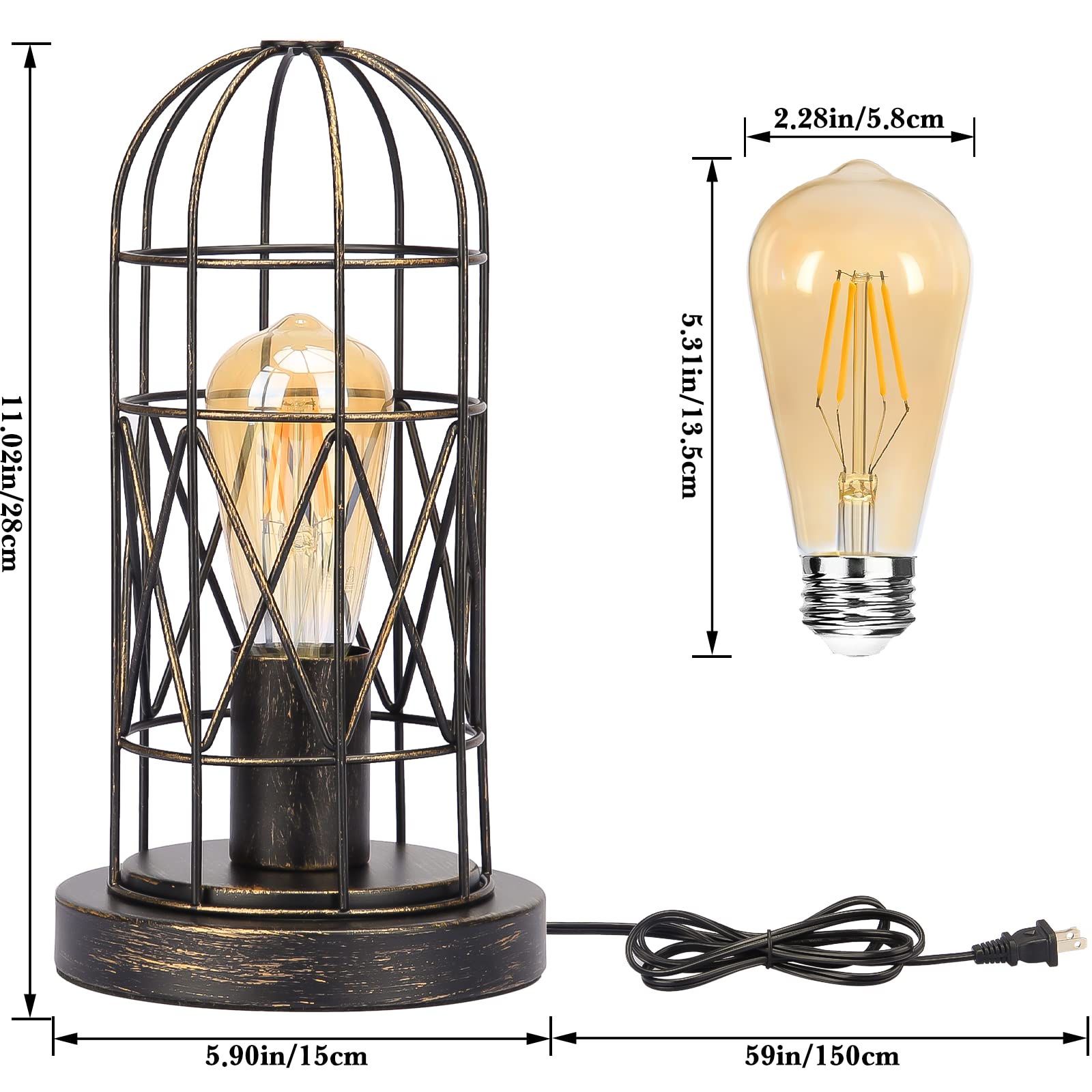 Seaside Village Industrial Table Lamp - Small 3-Way Dimmable Touch Lamp with Rustic Cage, Black Base, LED Bulb Included, Perfect for Bedroom & Living Room