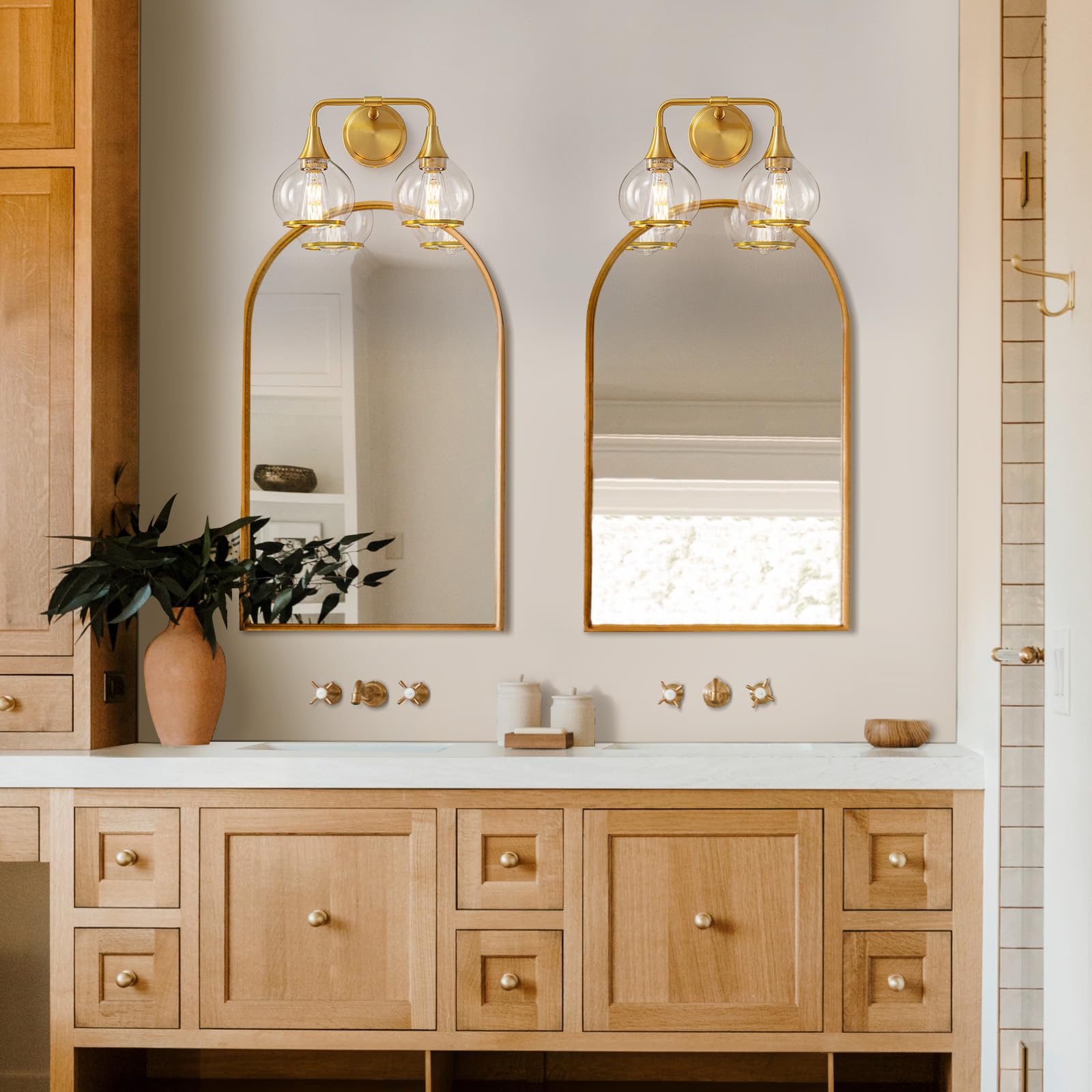 HAHZT Gold Bathroom Light Fixtures, 2-Light Vanity Lights, Clear Glass Shade, Wall Sconces, Model 8033ML