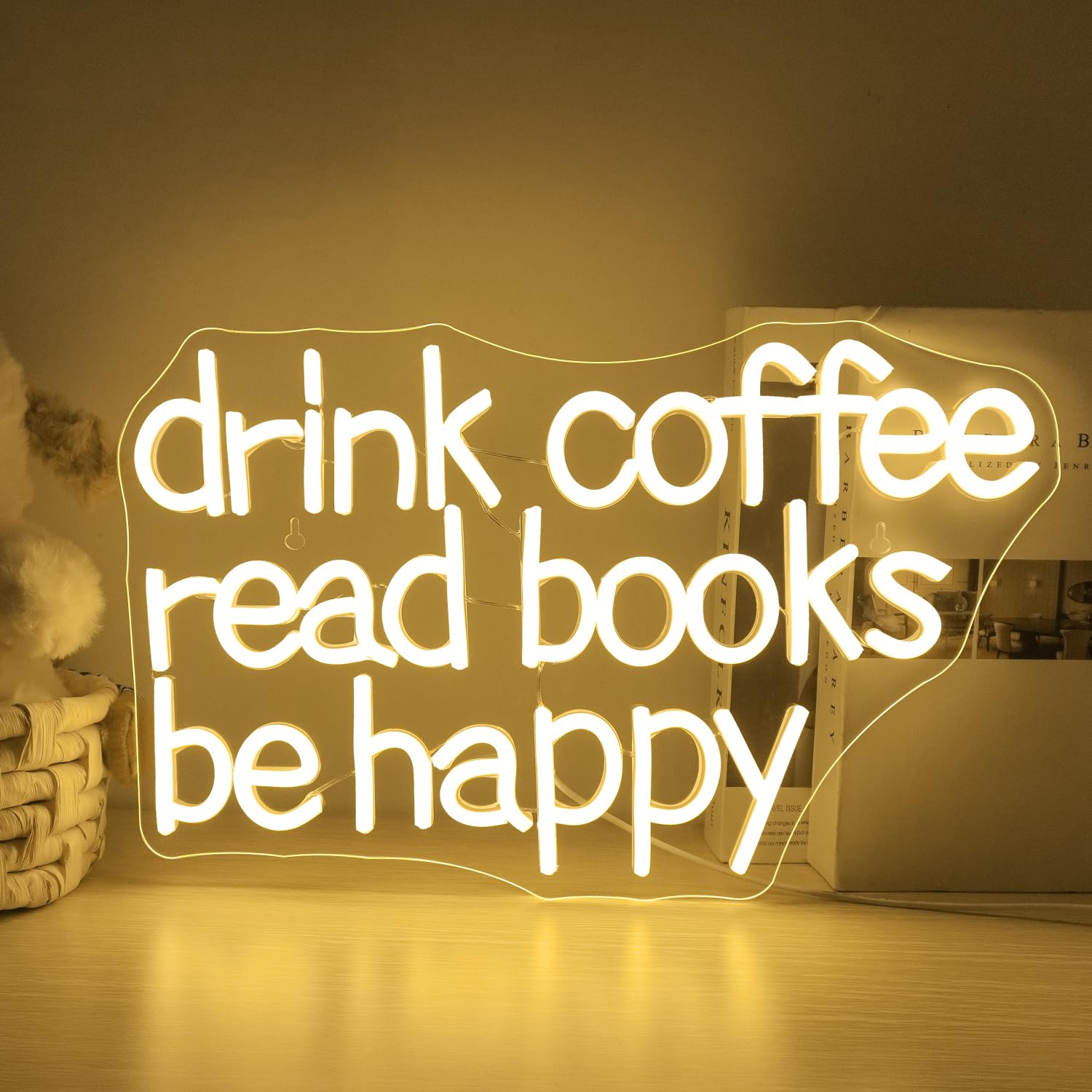 Looklight Neon Sign - Drink Coffee Read Books, Warm White LED Light for Wall Decor, USB Dimmable, Coffee Book Color