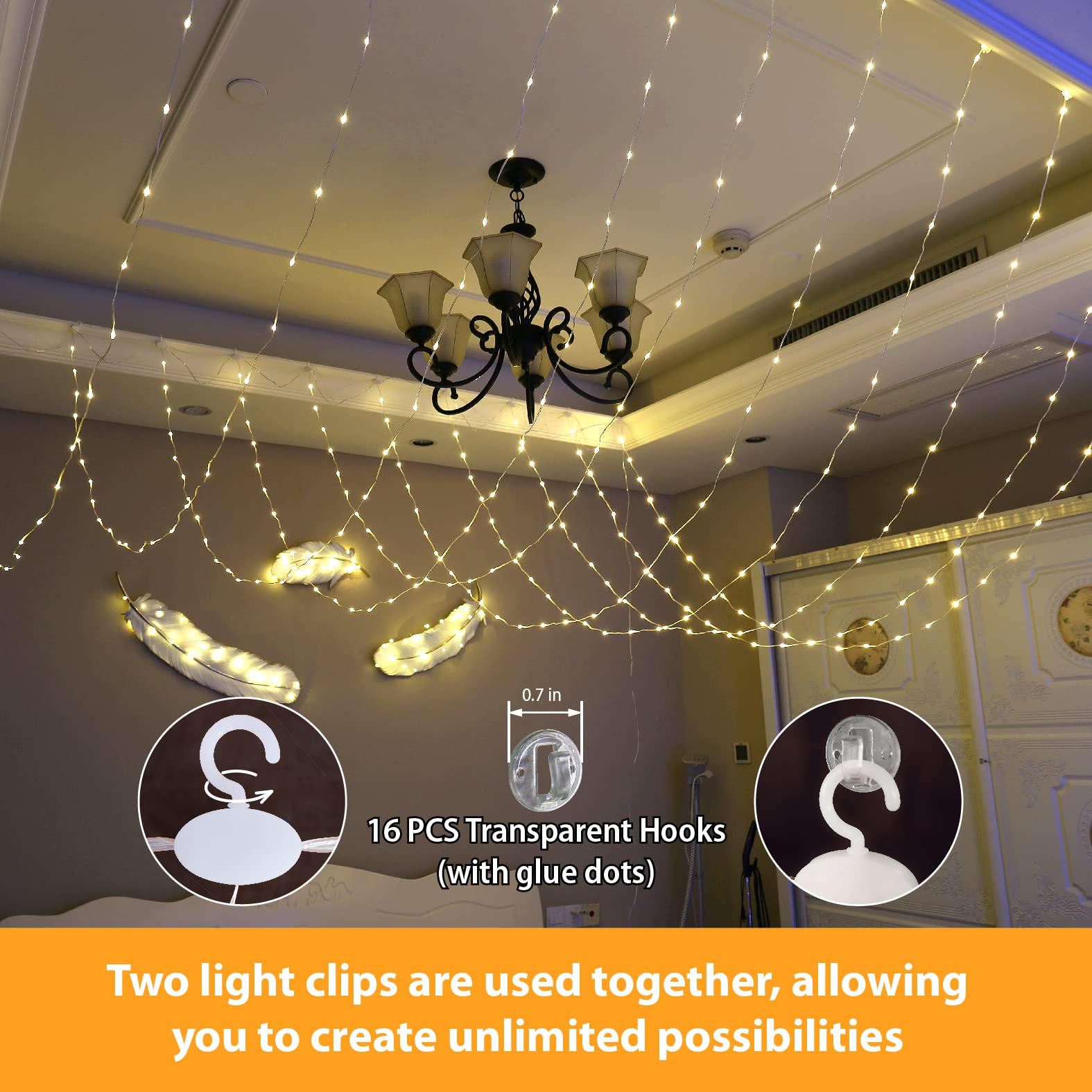 HXWEIYE Fairy Curtain Lights, 300LED Warm White, 3m x 3m, USB Plug, 8 Modes, Remote Control, for Indoor/Outdoor Wedding Party Décor