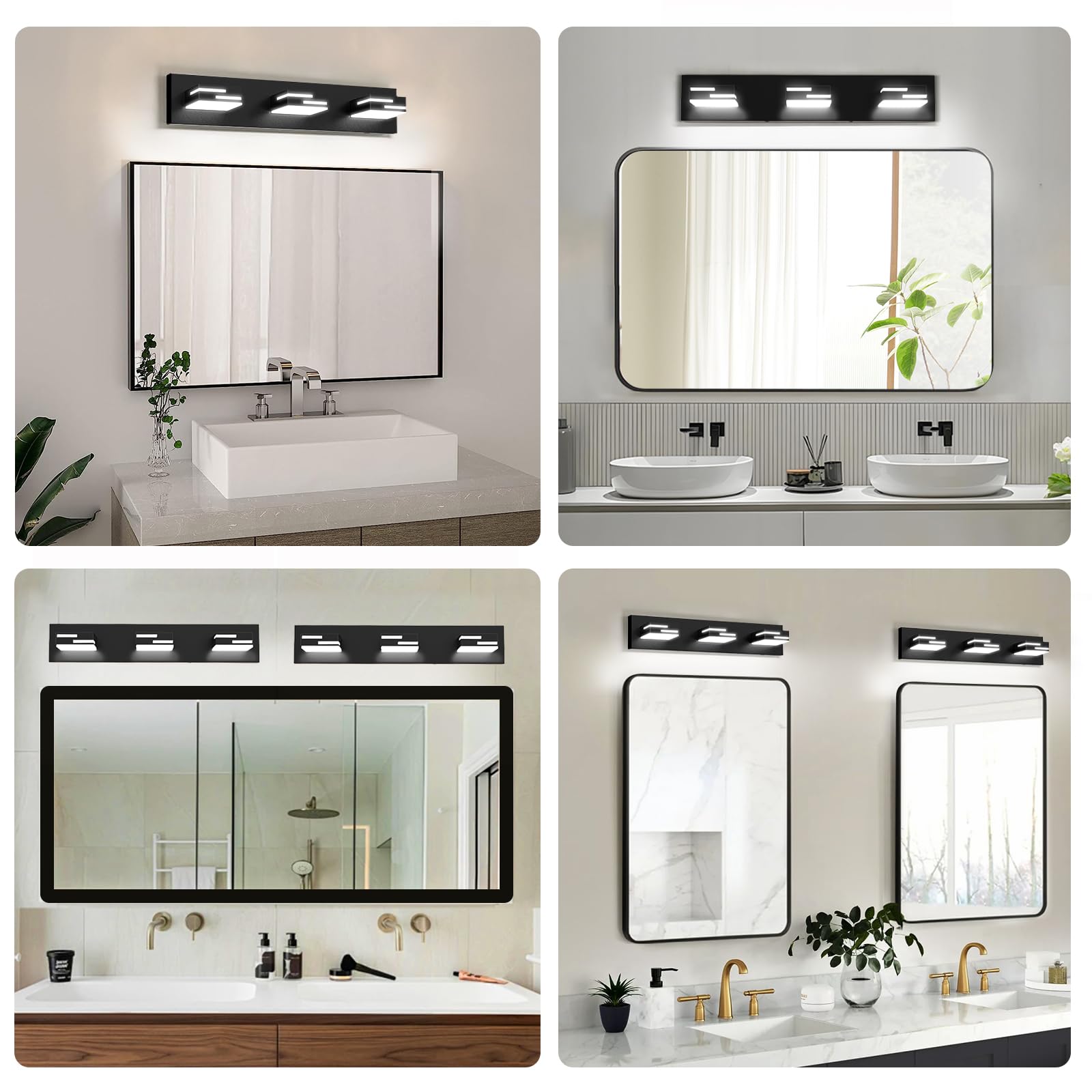 LKHF 3-Light LED Bathroom Vanity Light, Dimmable Matte Black, 22-inch, 350° Rotatable Acrylic Heads, Cool White 6000K