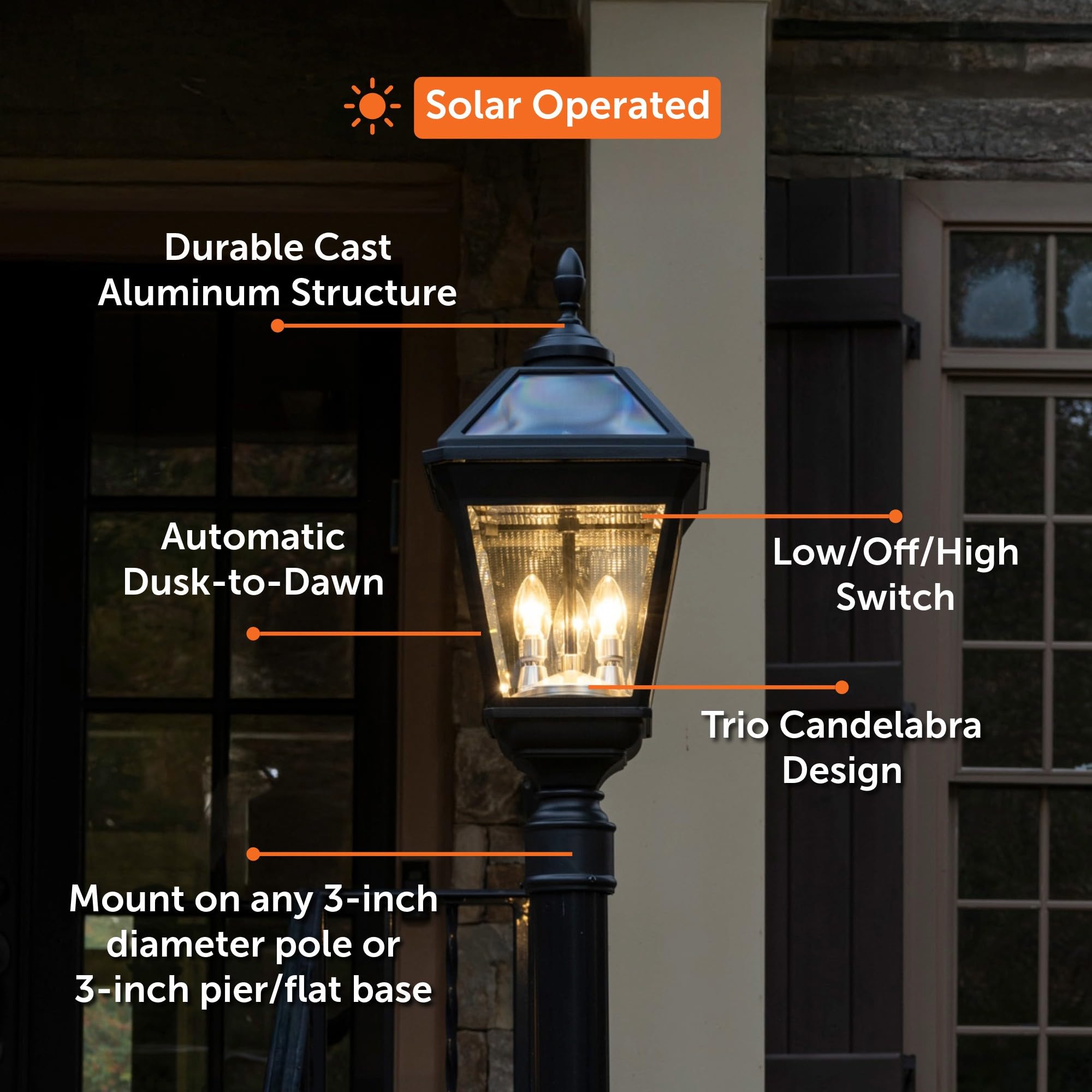 Gama Sonic Imperial Solar Post Light, Black Aluminum and Glass, Triple Candelabra Bulb with 3-inch Fitter for Lamp Poles, Warm W