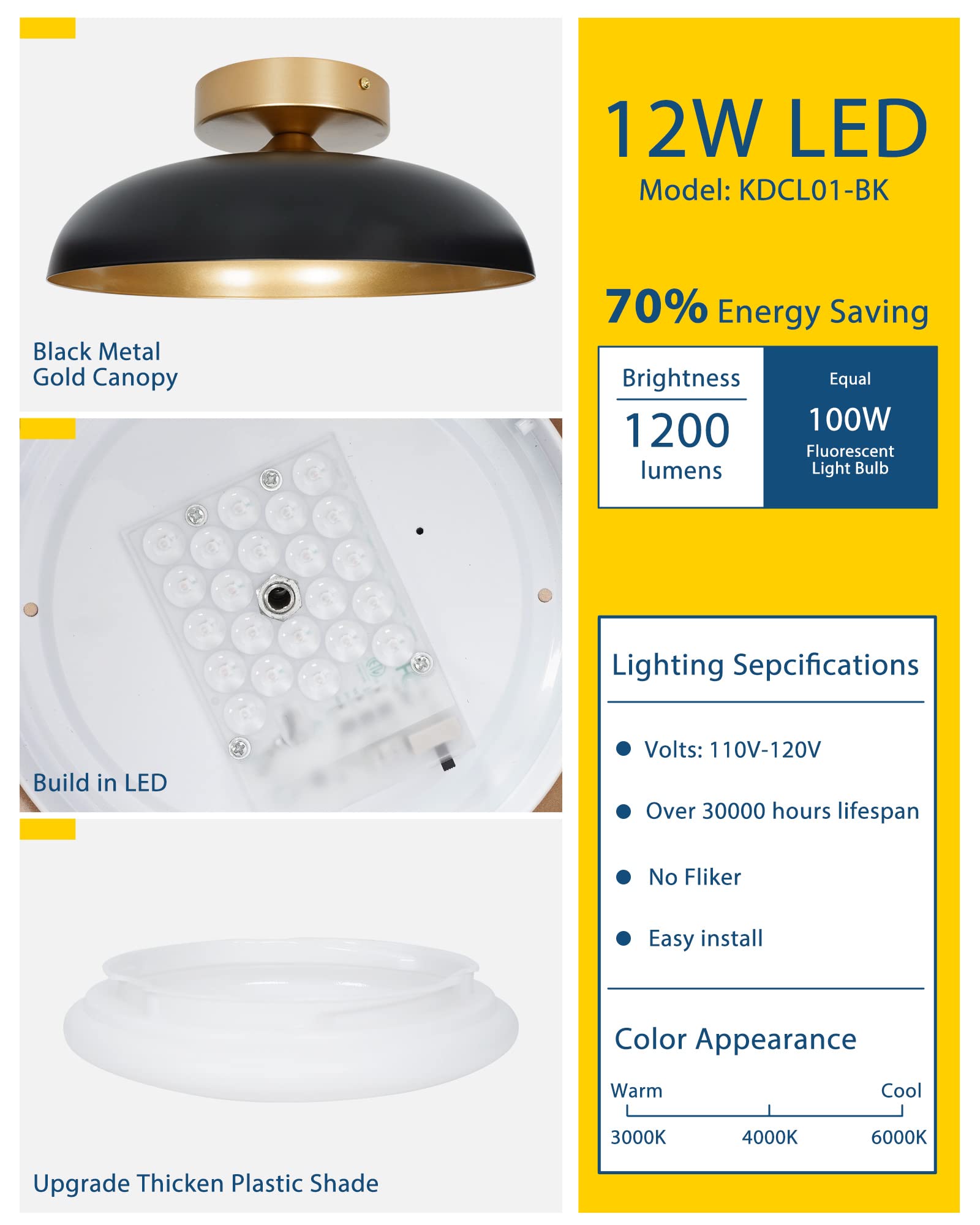 Kudos Flush 12-Inch Led Light Fixture, Black And Gold Finish, 12W/1200Lm For Bedroom, Hallway, 3000K/4000K/6000K Adjustable, Kdcl01-Bk