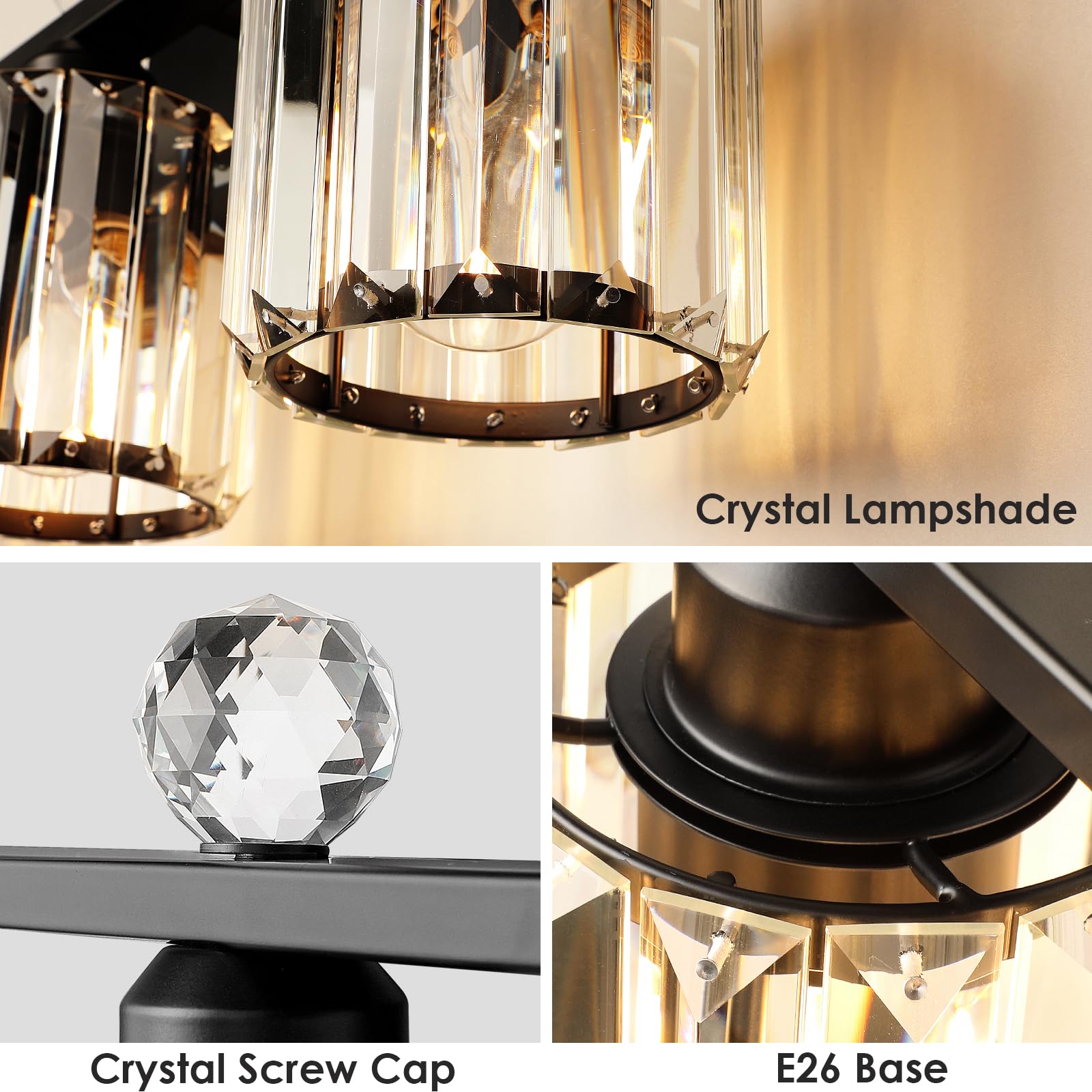 KunruiTAI 3-Light Black Modern K9 Crystal Vanity Lights, Stainless Steel Bathroom Fixture