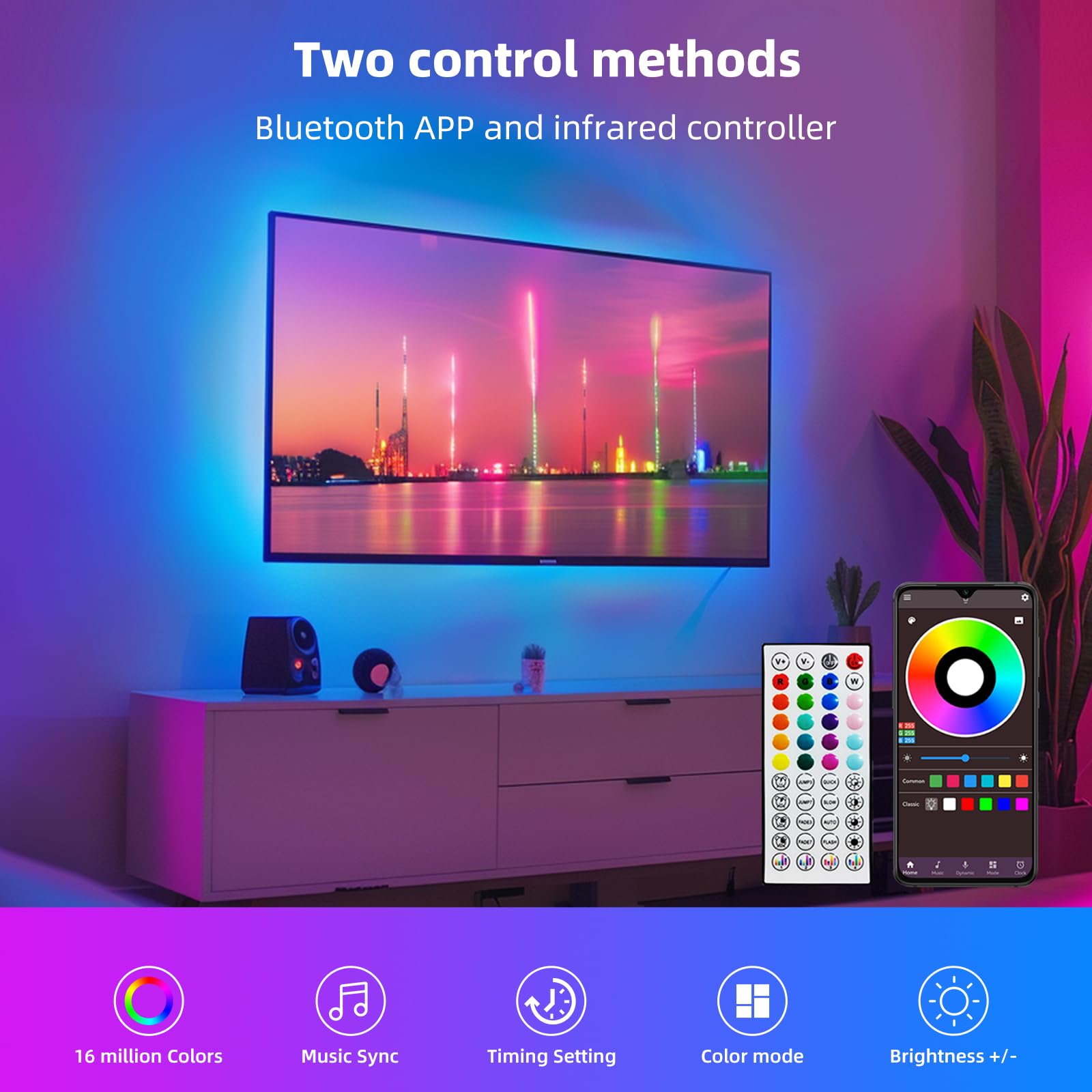 200 Ft Bedroom Led Lights (2 Rolls 100 Ft), Music Synchronized Color Changing Rgb Led Strip Lights, Bluetooth Light With Remote