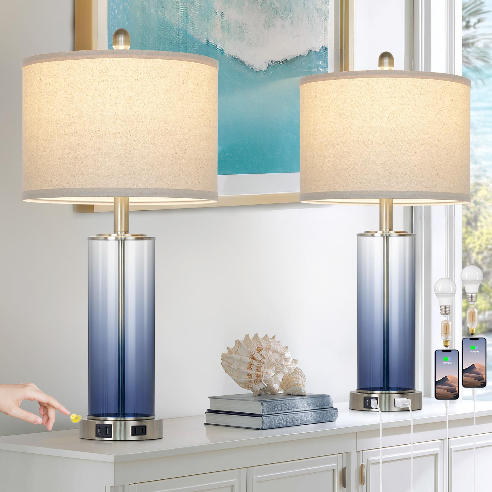 26 Coastal Blue Glass Table Lamps Set of 2  3-Way Dimmable Touch Control Bedside Lamp with USB C+A Ports & AC Outlet  Modern Lamps for Living Room End Table  Nautical Bedroom Lamps for Nightstand