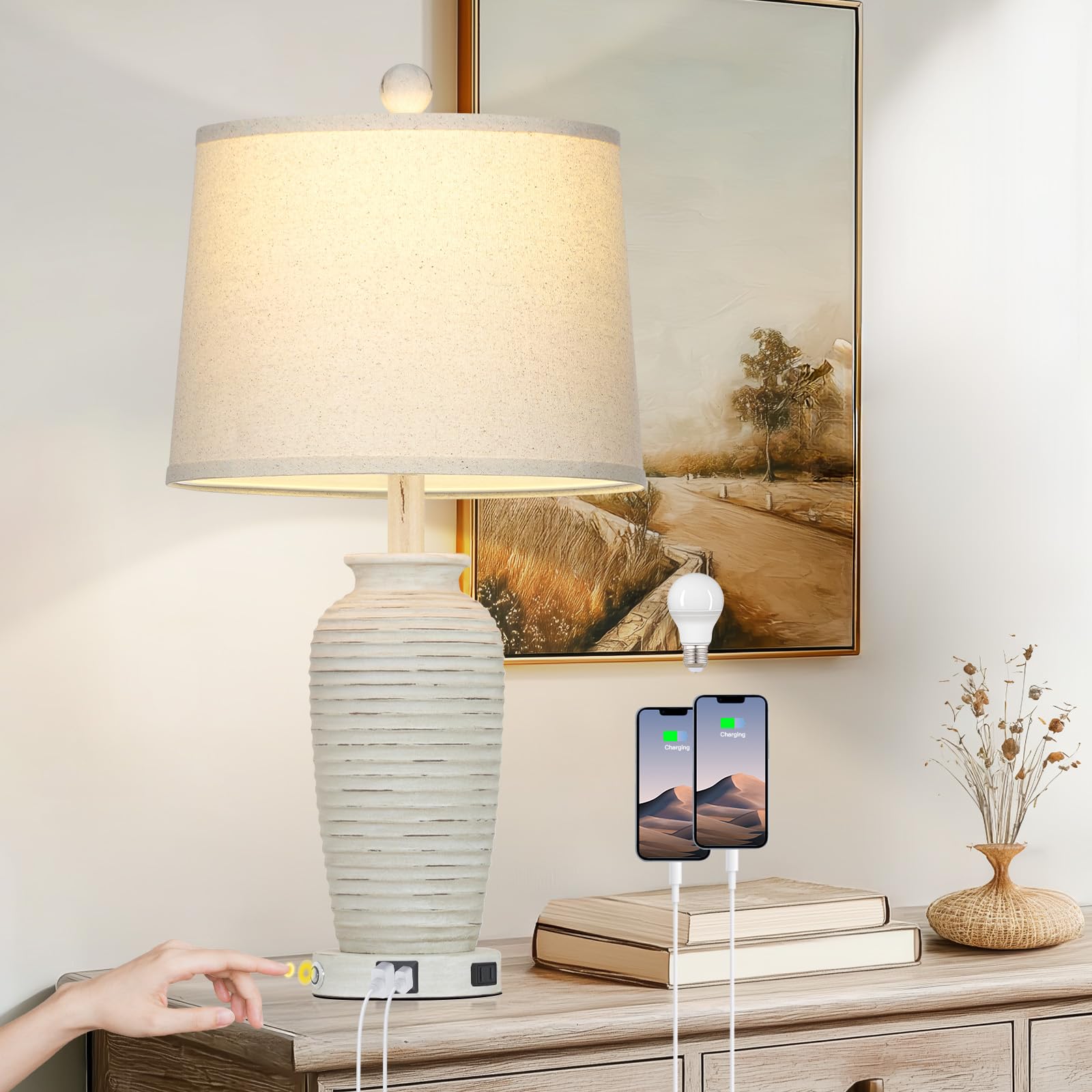 CINSARY 25 Retro White Farmhouse Jar Table Lamps for Living Room  3 Way Touch Control Rustic Bedside Lamps with USB A+C Ports & AC Outlet  Pot Nightstand Lamps for Bedroom (LED Bulbs Included)