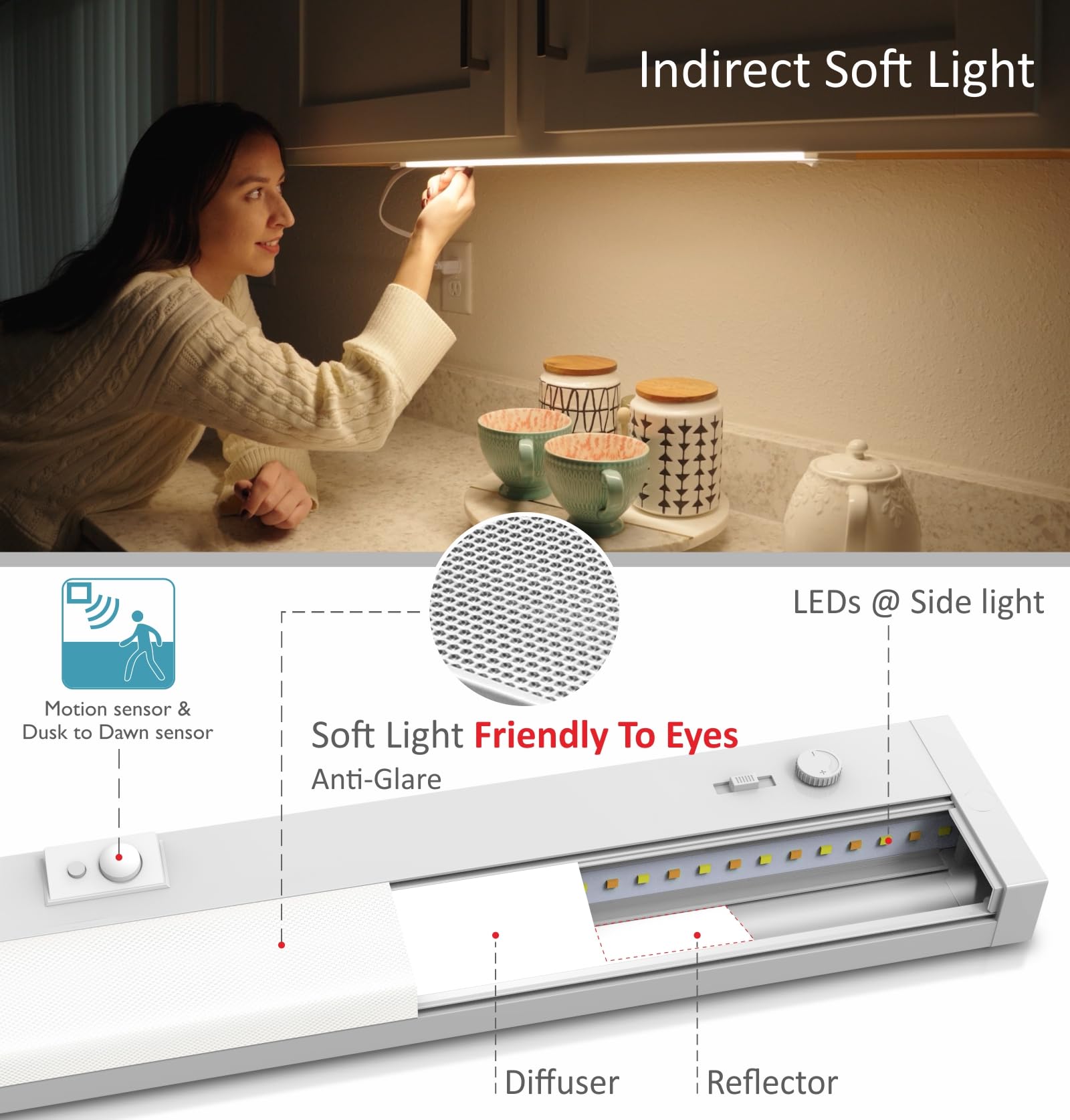Leetdud Led Under Cabinet Lighting Motion Sensored Hardwired With Built-In Dimmer, 32 Inch 16W Dimmable 5 Color 2700/3000/3500/4