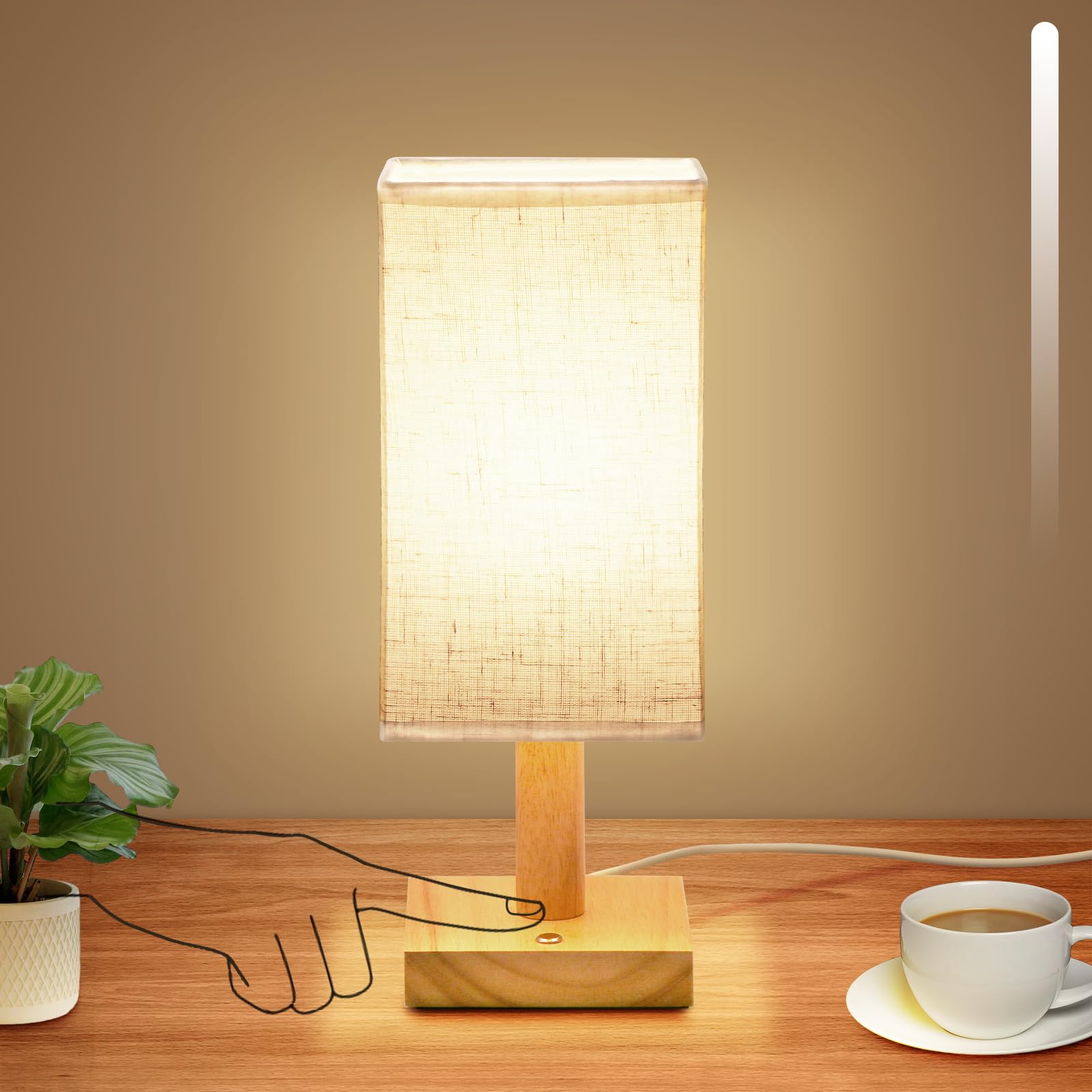 Uchenton Small Corded Touch Square Table Lamp With Stepless Dimming, Natural Wood Base & Linen Fabric Shade, 5W Ambient Night Li