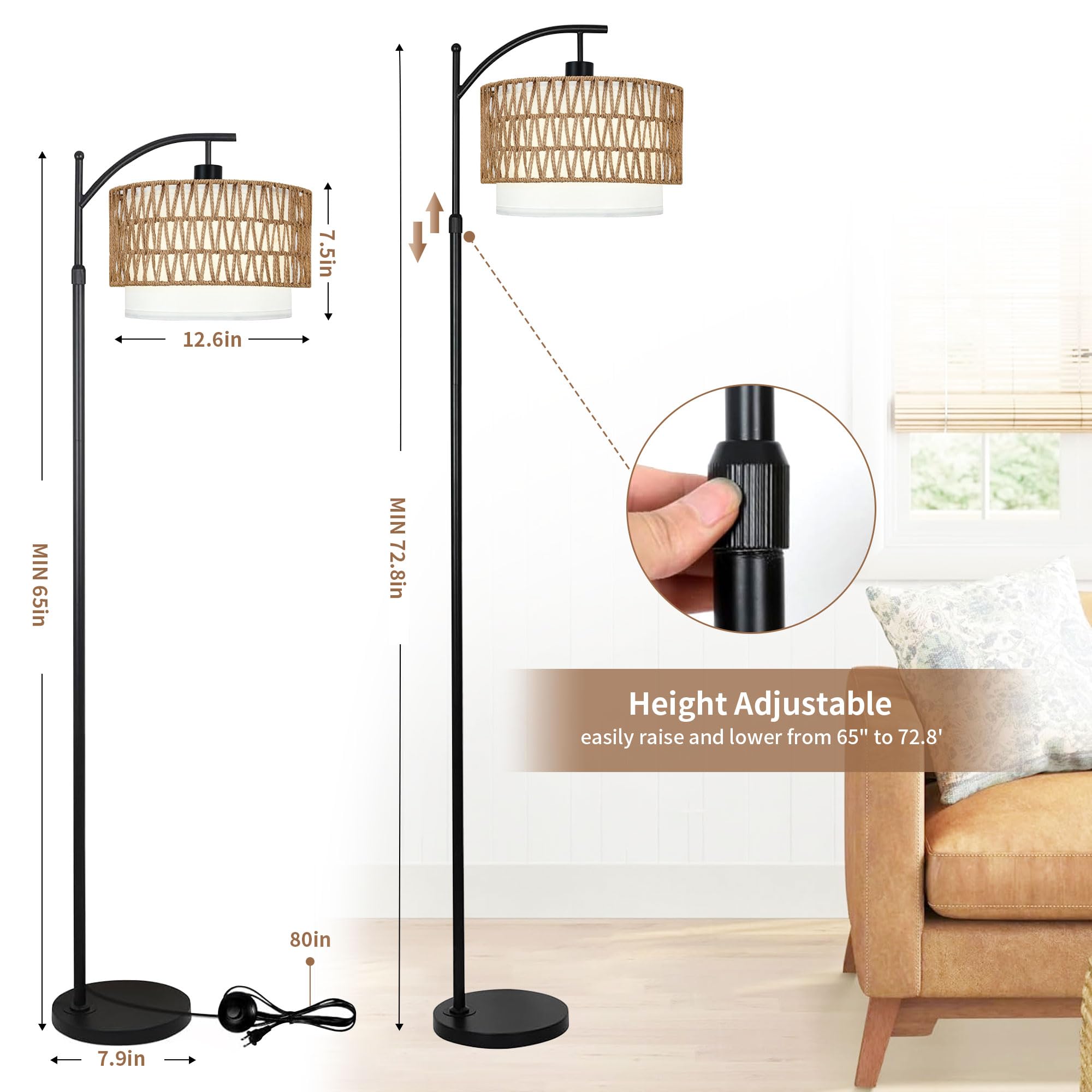 ZECOXOL Arc Floor Lamp - Dimmable Rattan Standing Lamp with Remote, 11.9" Double-Deck, 3 Color Temperatures for Living Room & Bedroom