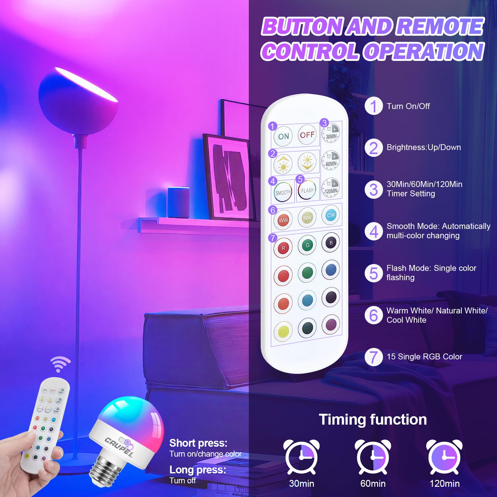 Caupel RGBCW Rechargeable LED Light Bulbs, E26, 60W Equivalent, 500 Lumens, 3 Color Temperatures, 2 Pack, Model RB-05