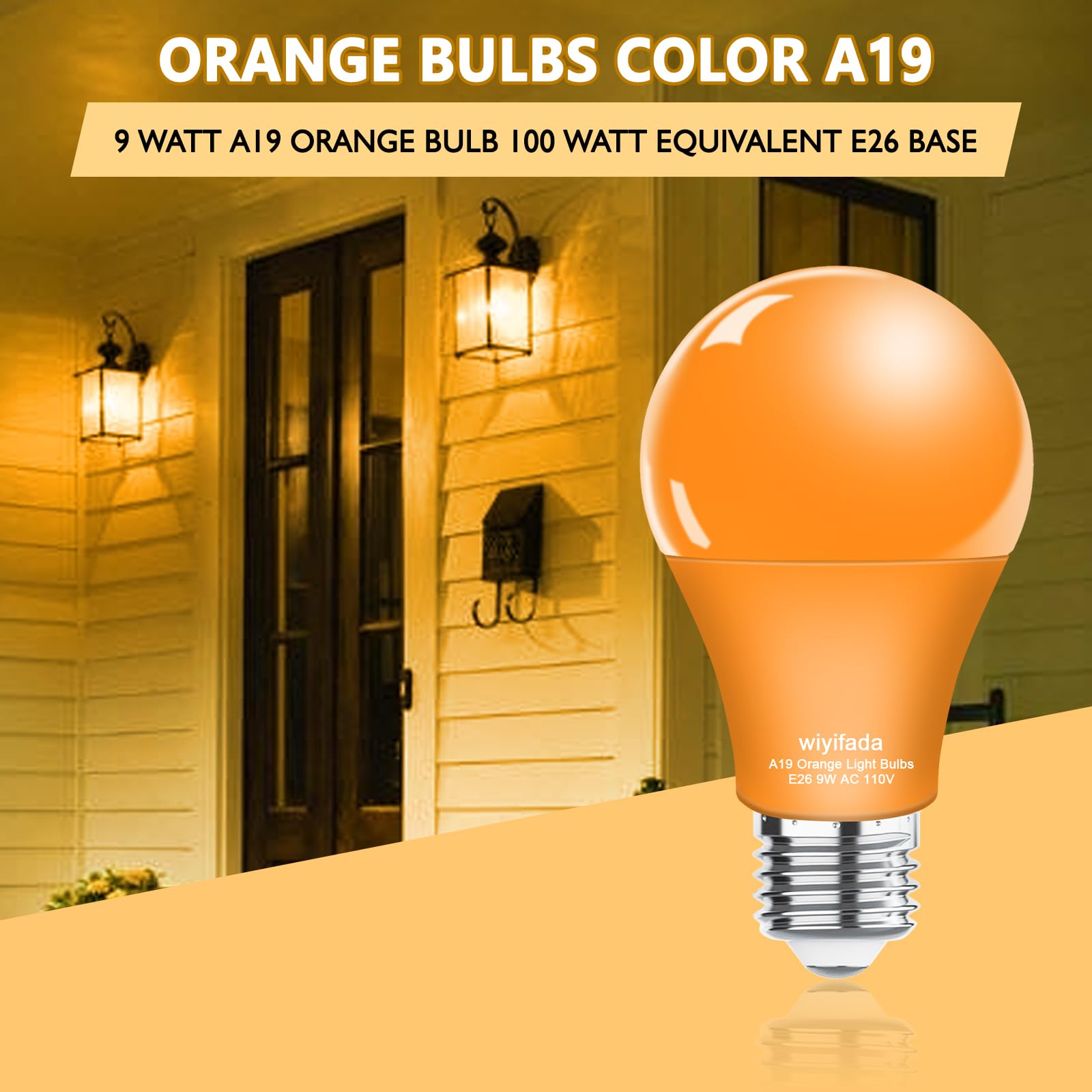 Wiyifada 4 Pack A19 Led Orange Light Bulbs,110V E26 Halloween Orange Led Lights 9W Replace Up To 100W, Dimmable Colored Light Bu