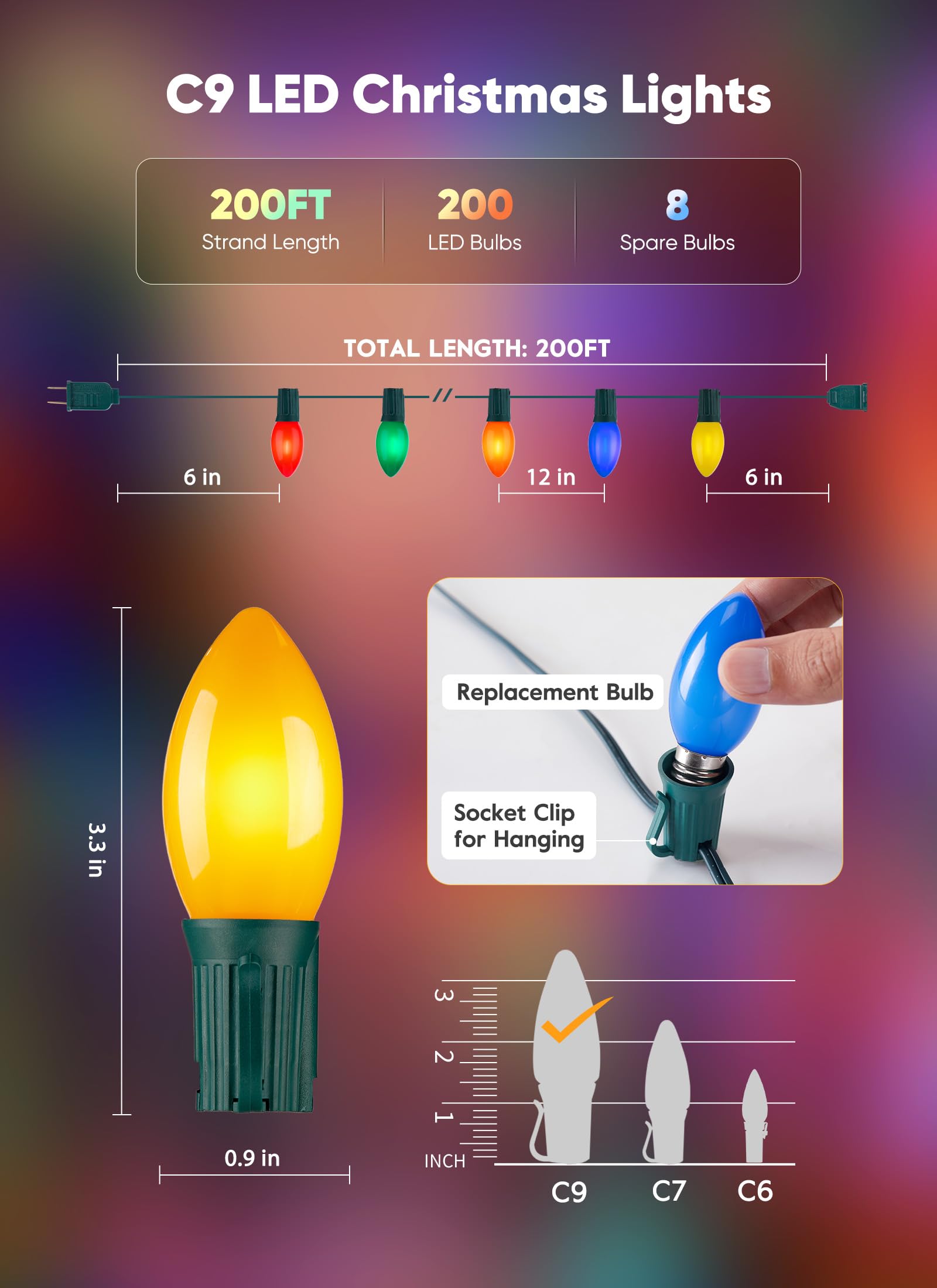 C9 Led Christmas Lights Outdoor  200 Feet C9 String Light With 200 Shatterproof Matte Bulbs  Connectable Waterproof Christmas Tree Lights For Holiday Roofline Backyard Garden Decor  Multicolor